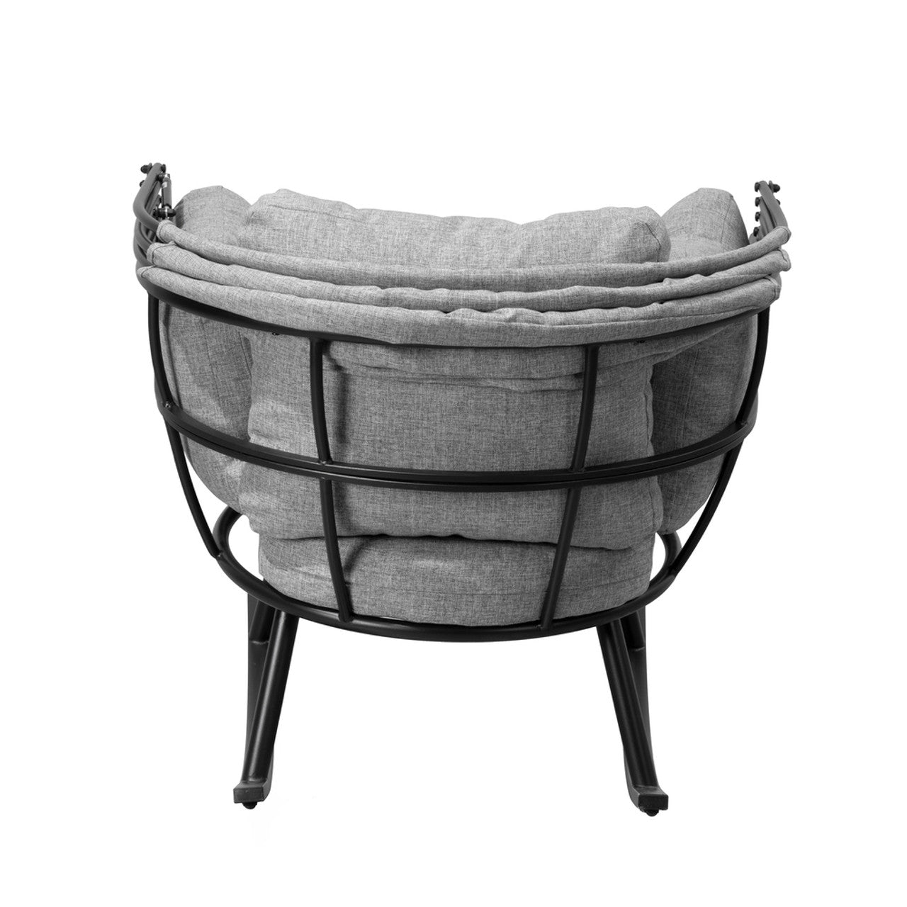 Outdoor rocking egg chair with gray fabric cushion and black metal frame, front view