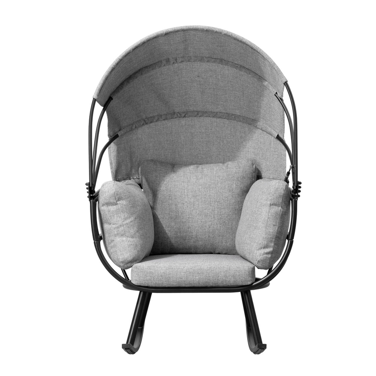 Outdoor egg chair with gray cushions and black metal rocker legs, front view