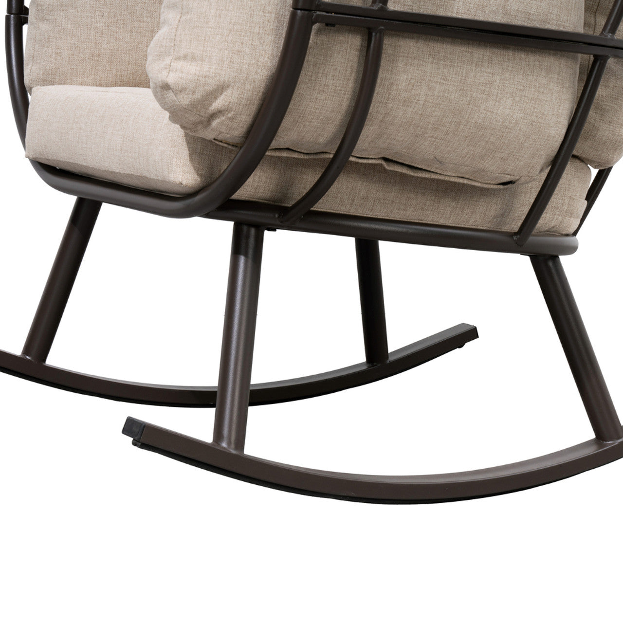 Outdoor rocking egg chair underside view with dark base rockers and beige cushions