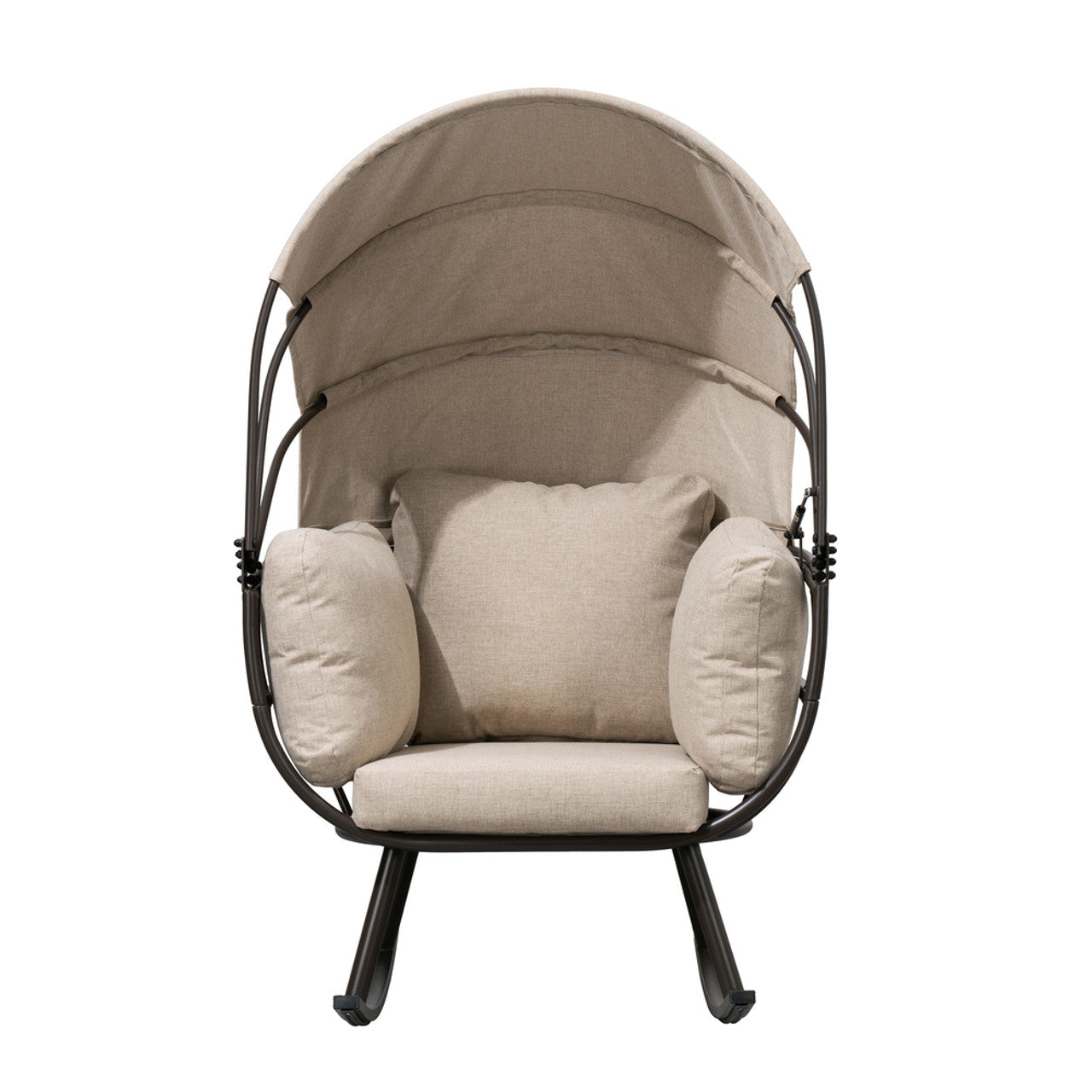 Outdoor egg chair front view with beige seat cushions and dark metal canopy frame