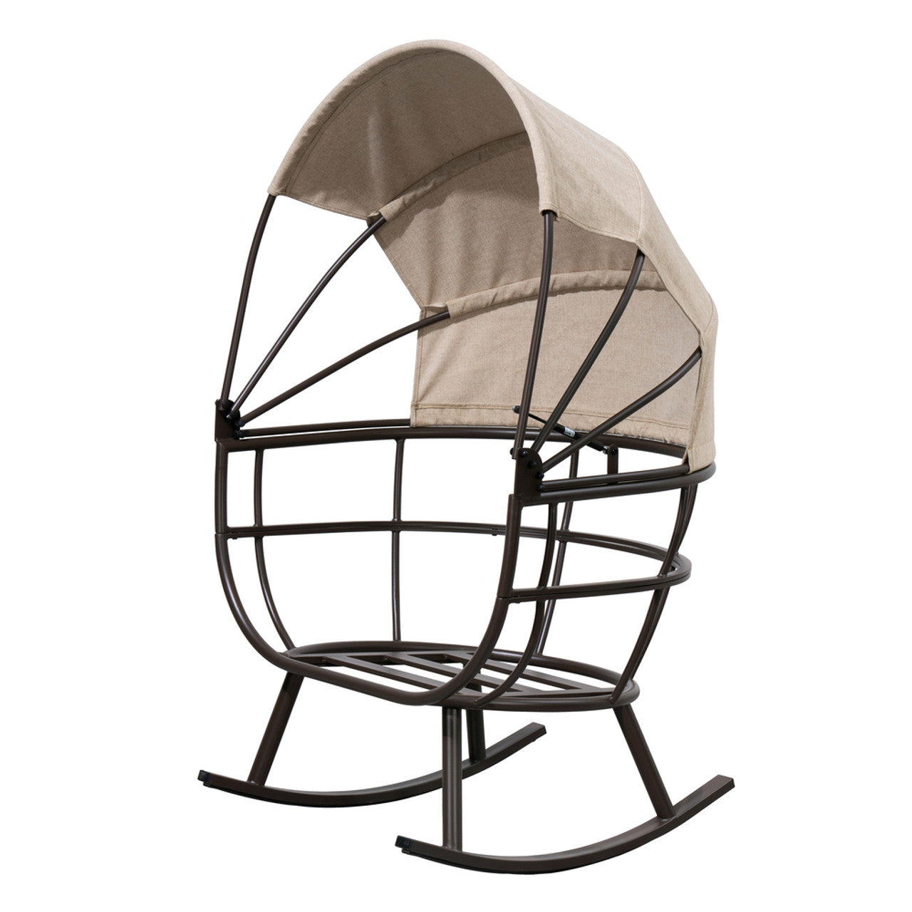 Beige egg-shaped patio rocking chair with black metal frame and canopy hood