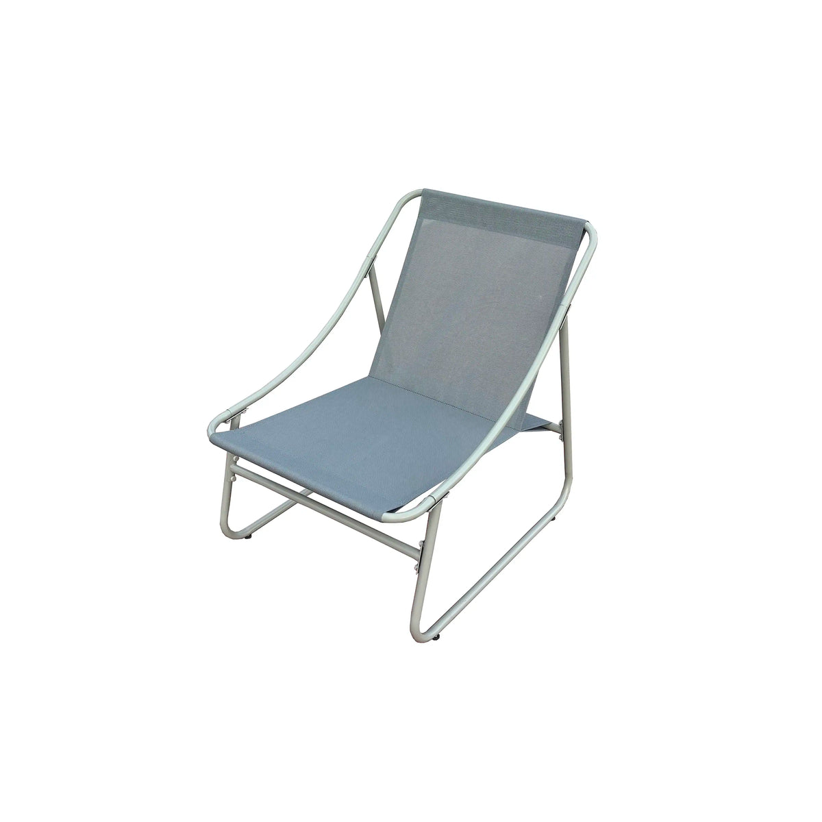 Outdoor bistro chair with gray-blue seat cushion and light gray metal frame
