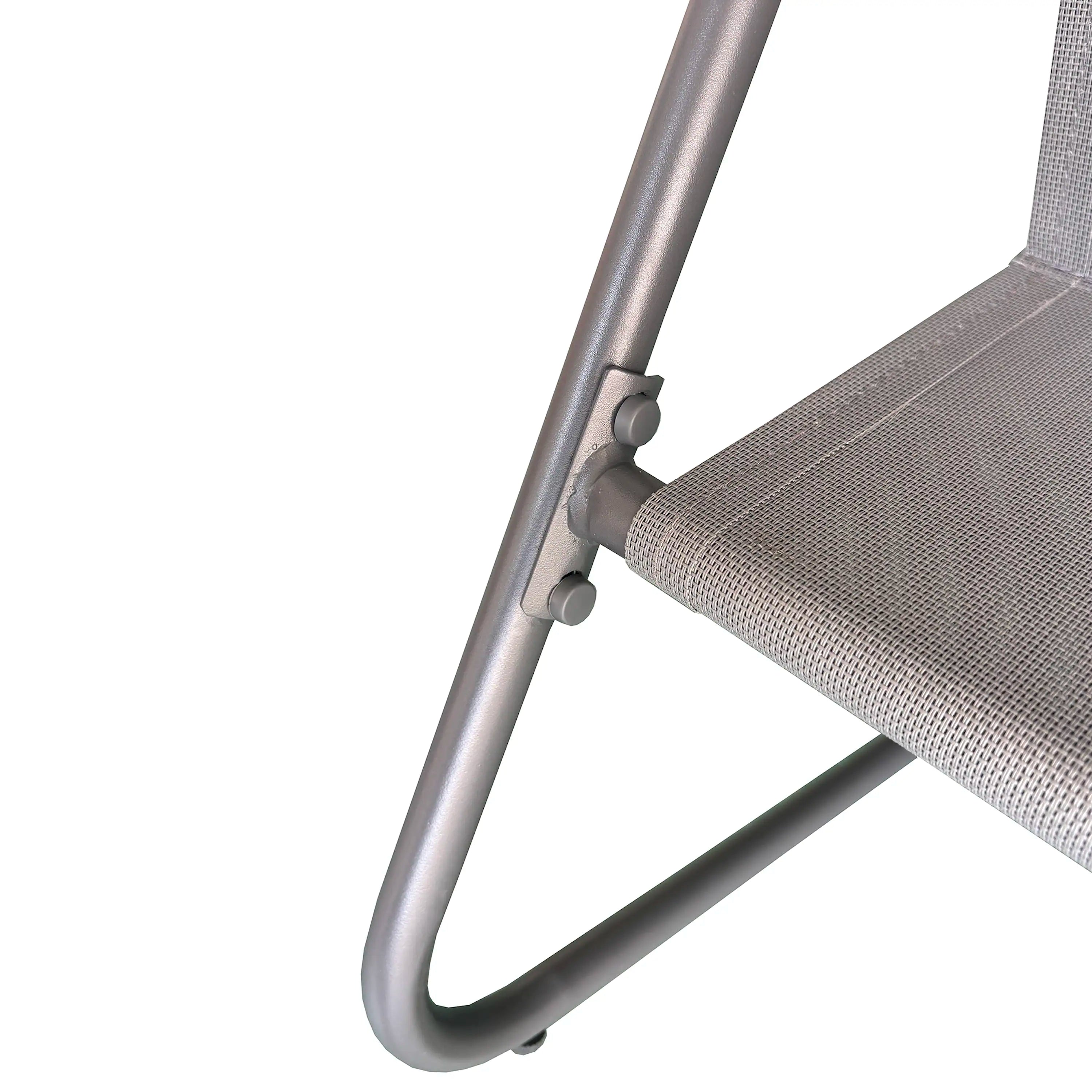 Outdoor bistro chair with beige cushion and silver metal frame corner