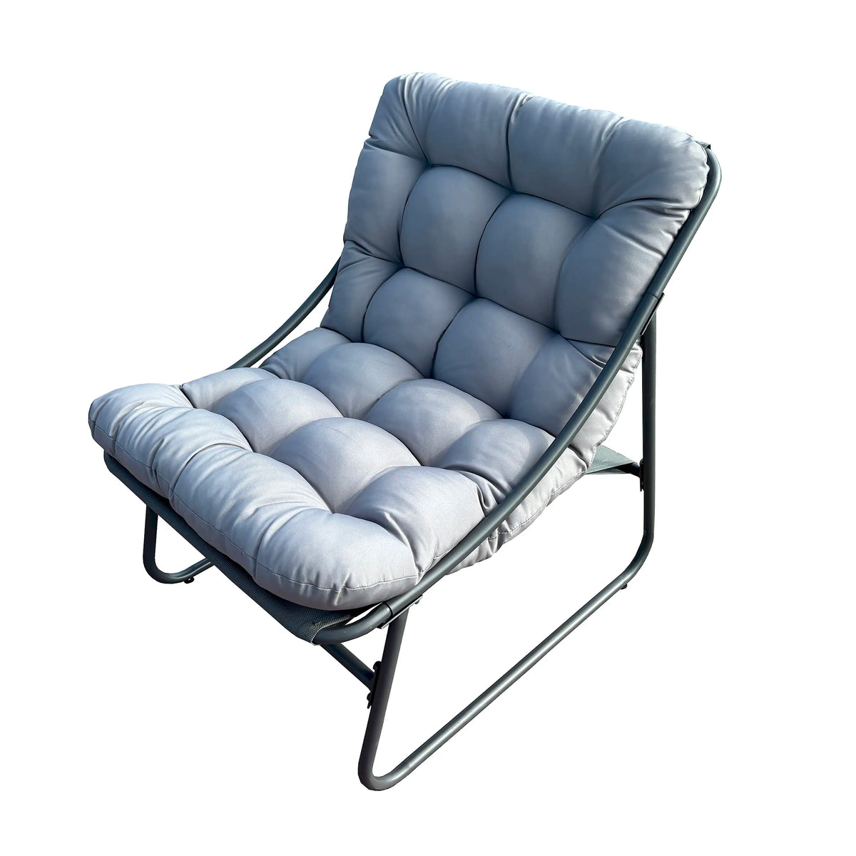 Outdoor bistro lounge chair with tufted gray-blue cushions and dark metal frame
