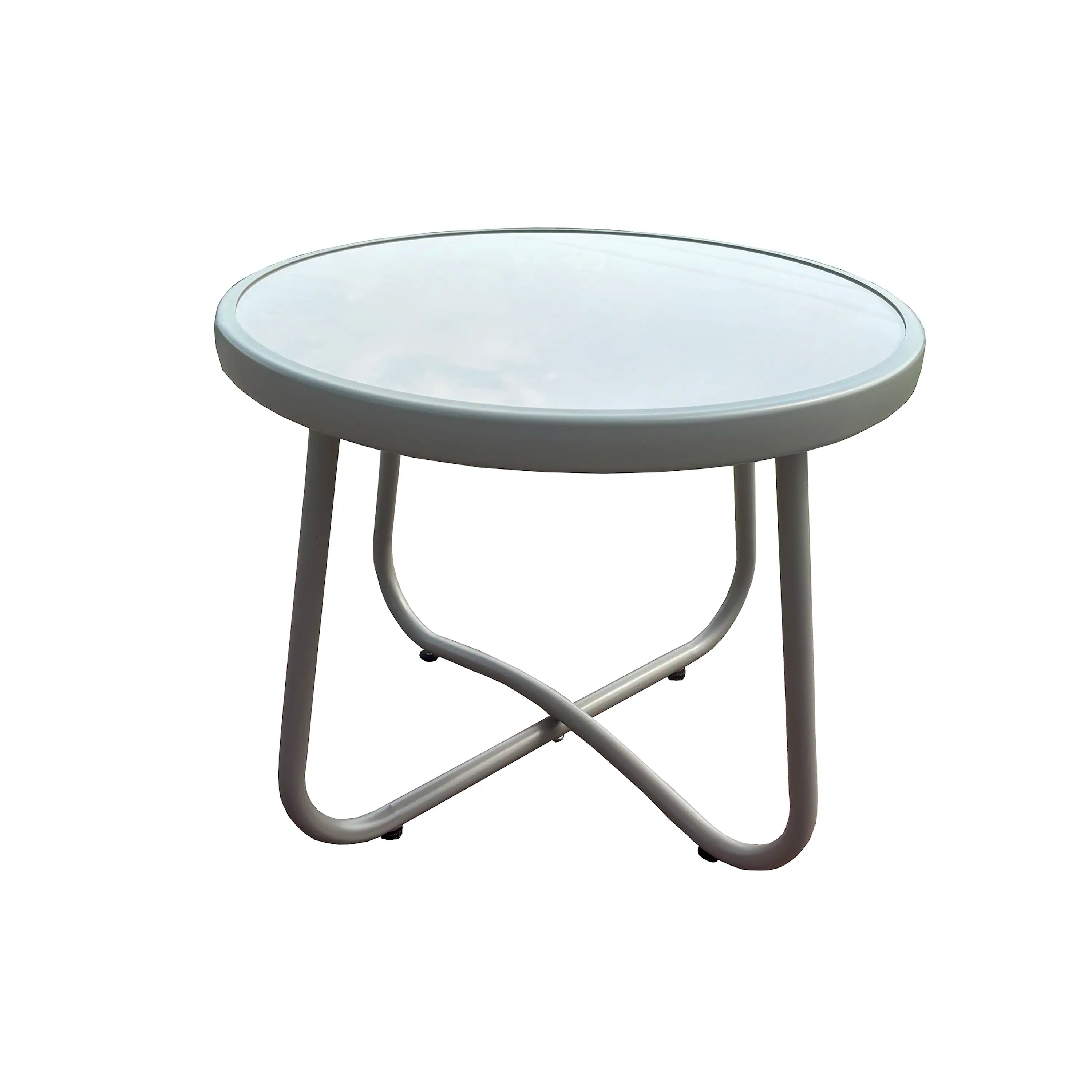Round outdoor coffee table with light gray top and curved metal legs