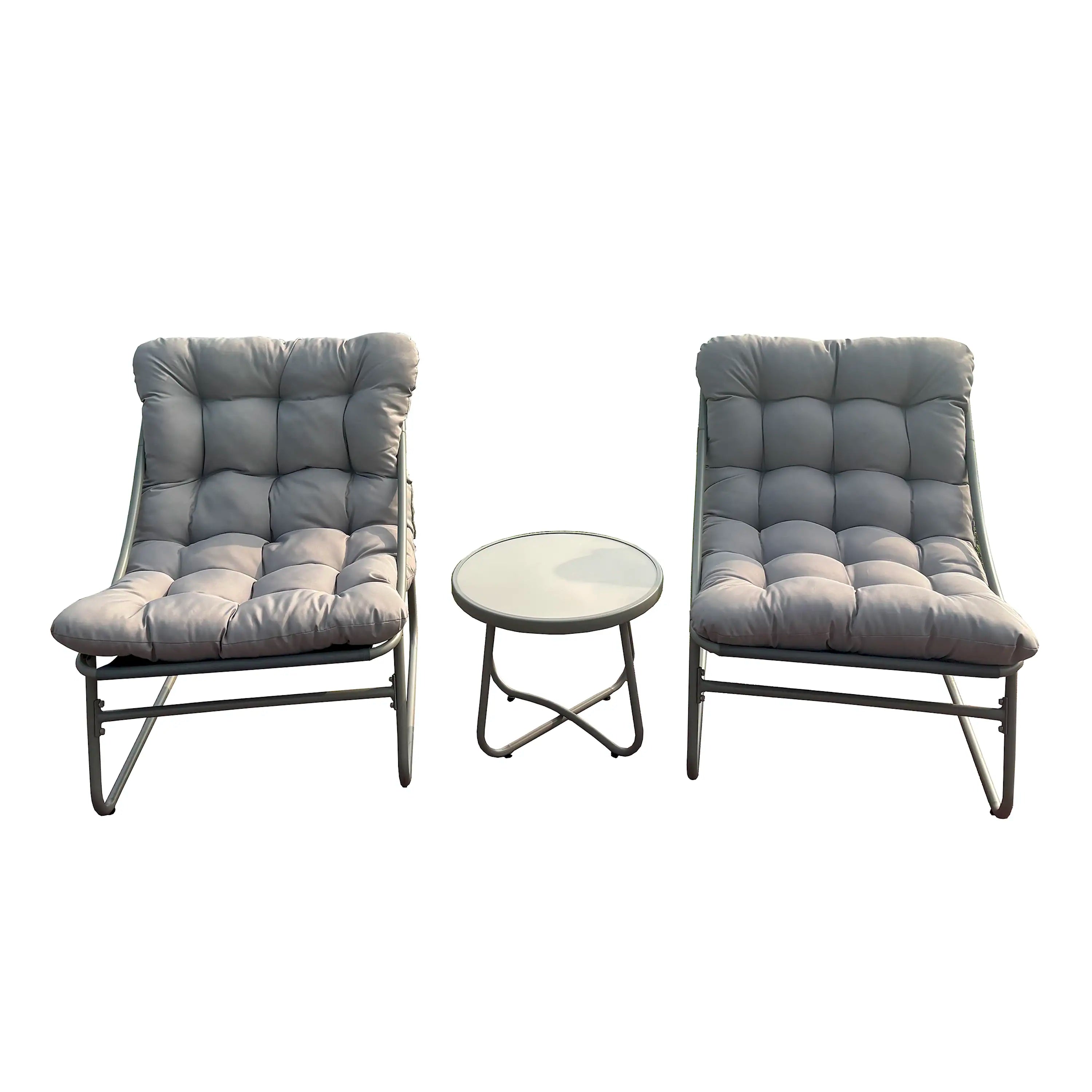 Outdoor bistro set with two gray-blue chairs and round side table