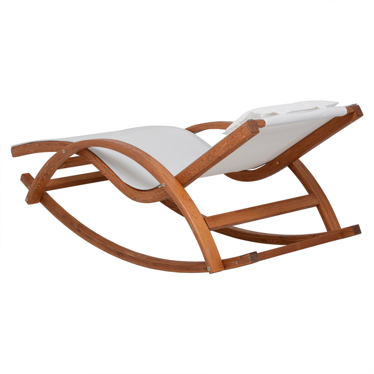 Cedar wood rocking lounge chair with white Textilene seat and back, angled view