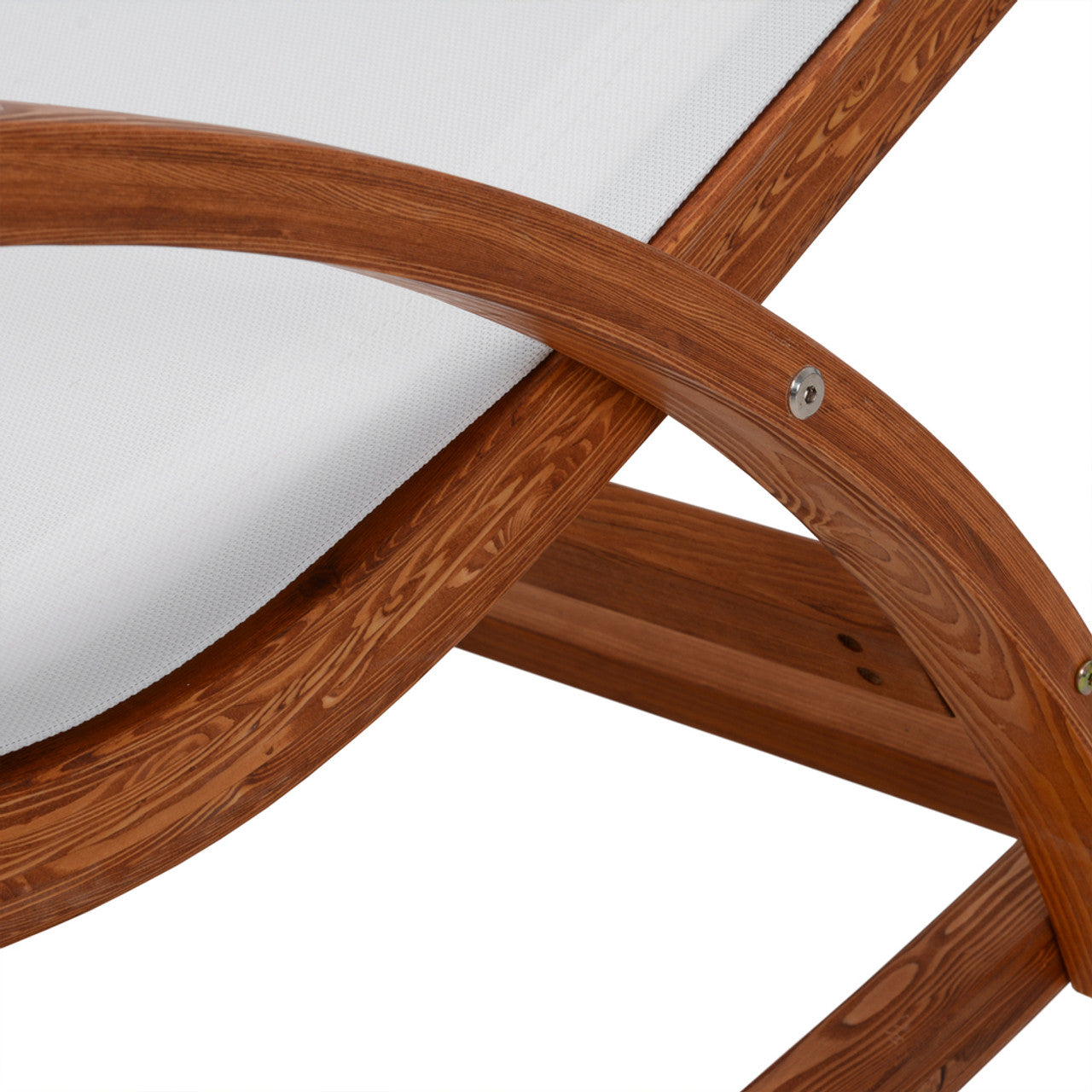 Cedar wood lounge chair armrest and rocking frame with metal fasteners, close-up