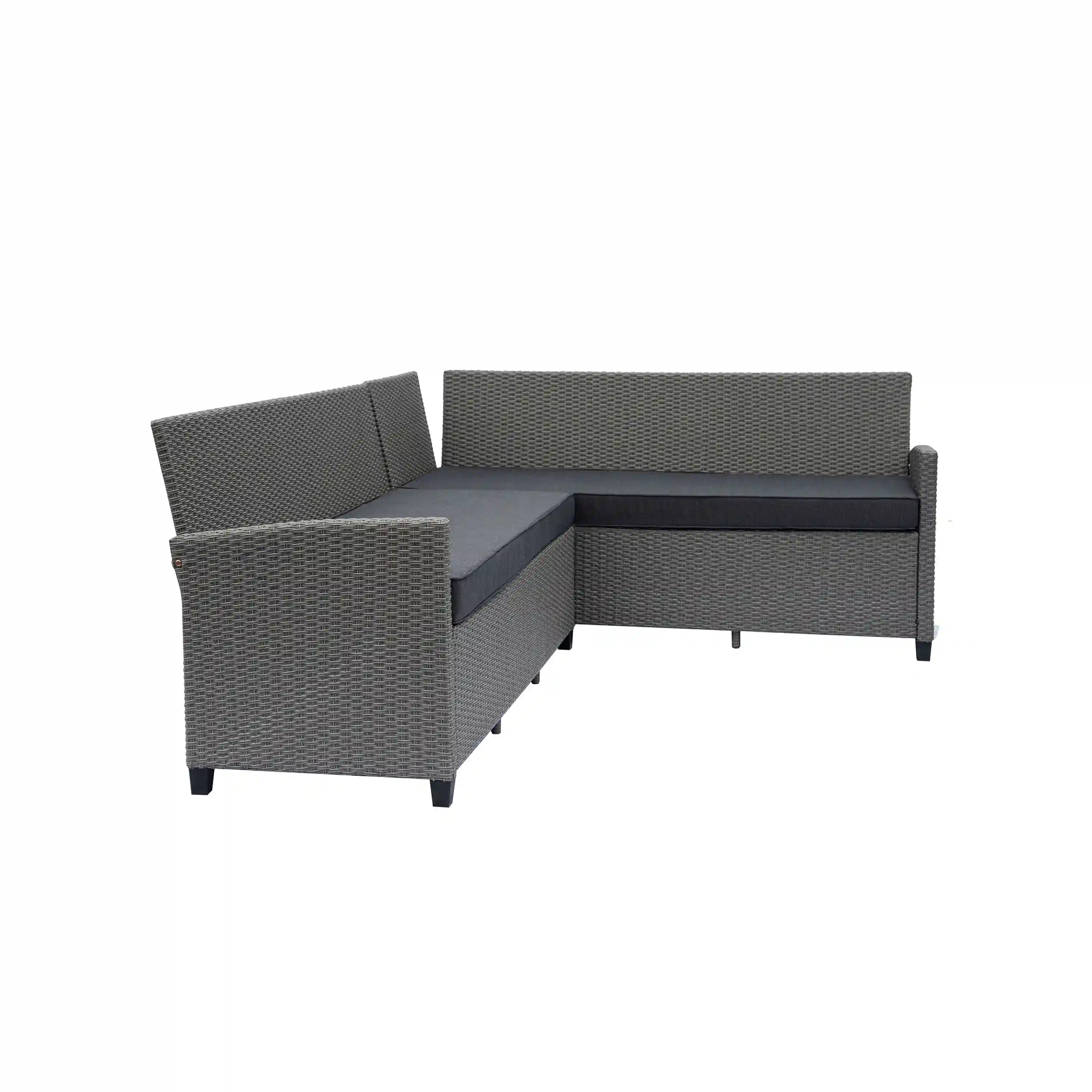 Corner sectional sofa with gray wicker arms and dark seat cushions