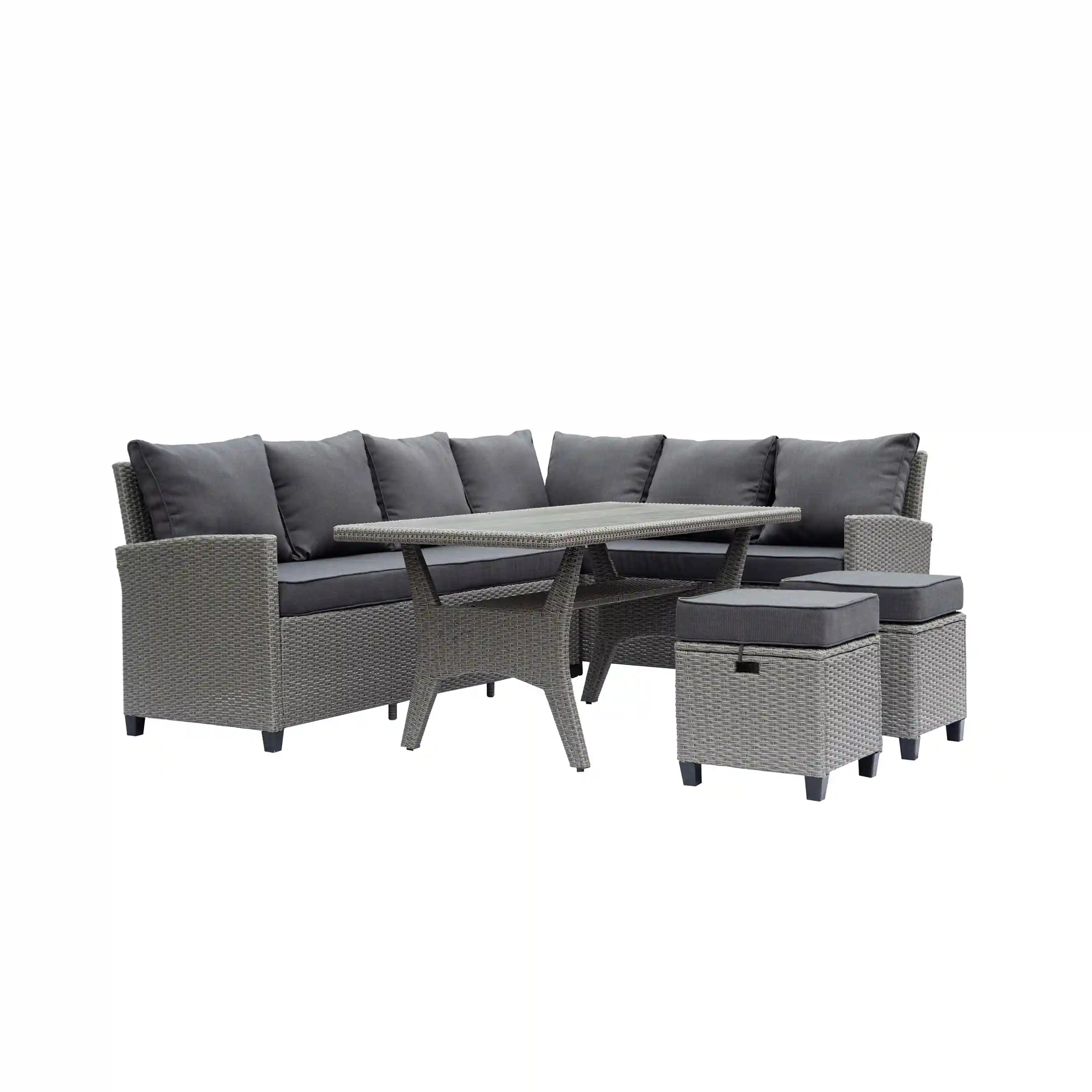Outdoor wicker sectional set with dark cushions, rectangular table, and four matching ottomans