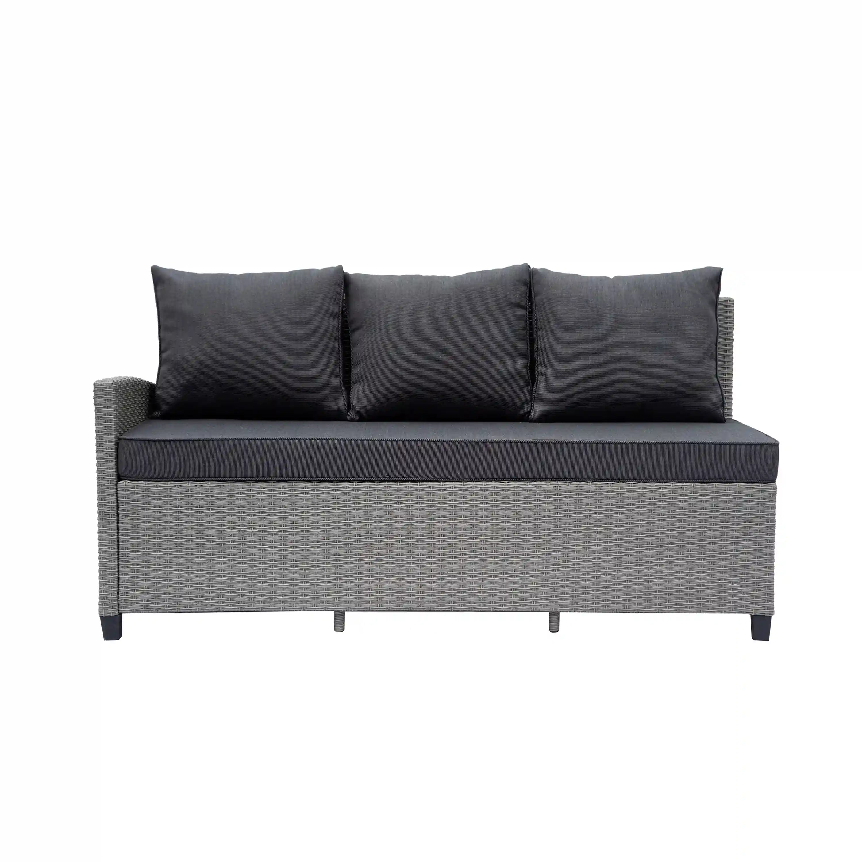 Gray wicker outdoor sofa with three back cushions and dark seat cushion