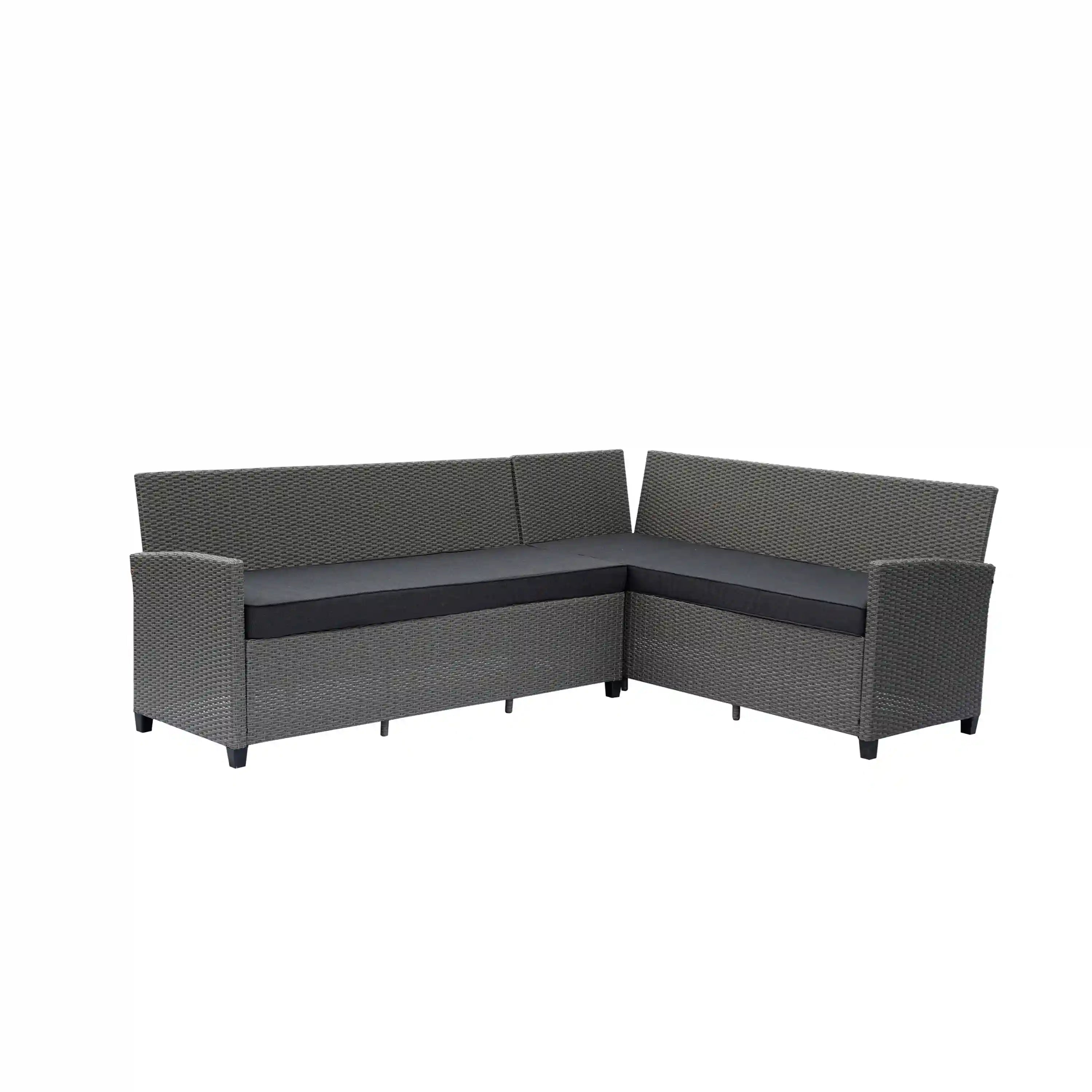 Modular L-shaped outdoor sofa corner with gray woven wicker and dark cushions