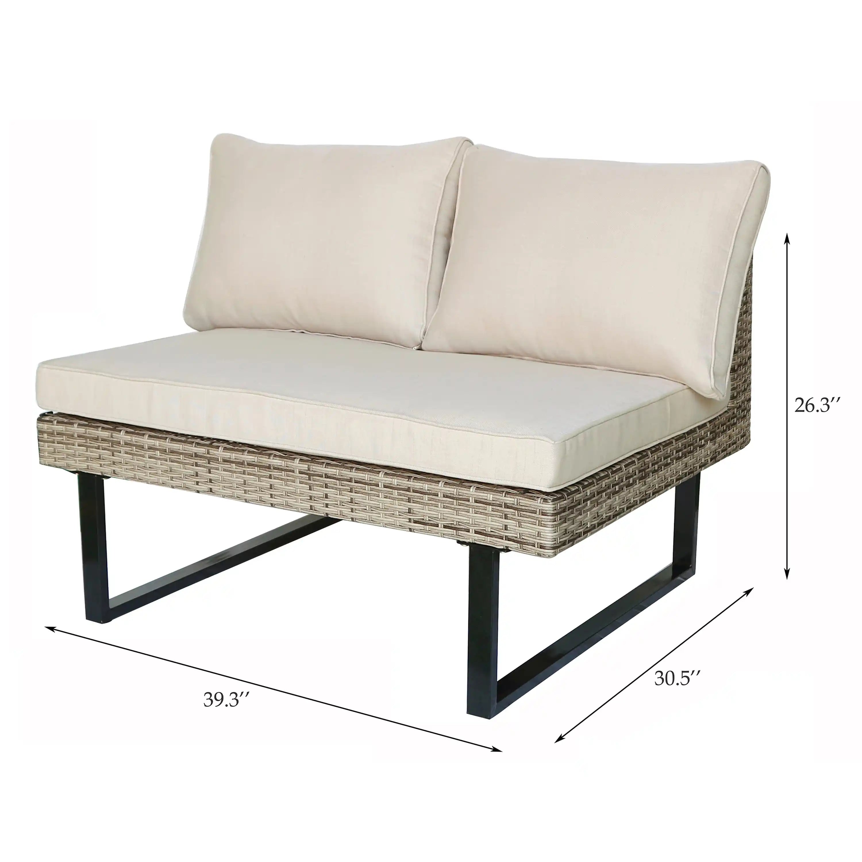 Outdoor patio corner sectional seat with off-white cushions and woven wicker base