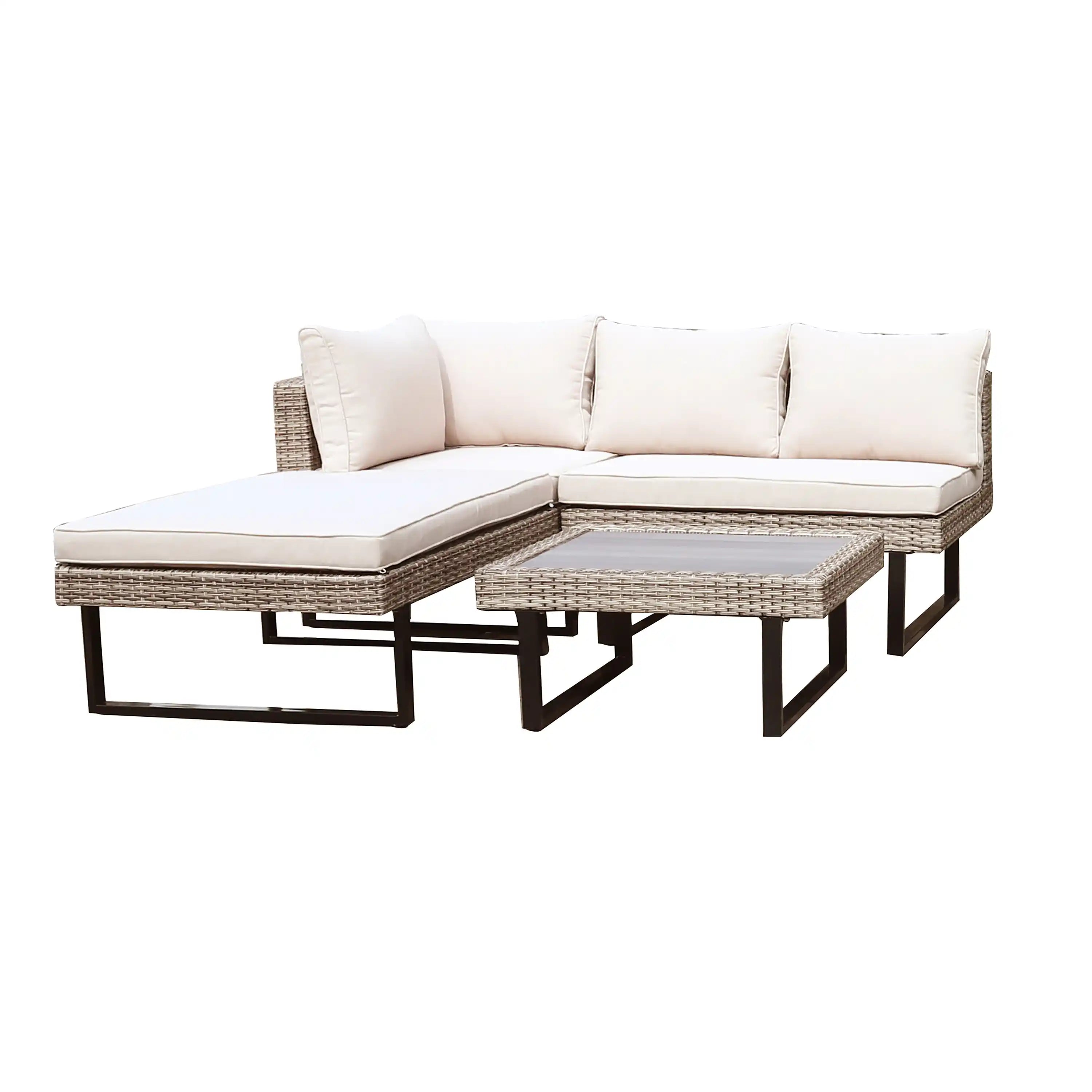 Outdoor sectional with beige cushions and gray wicker base, featuring black metal support frames