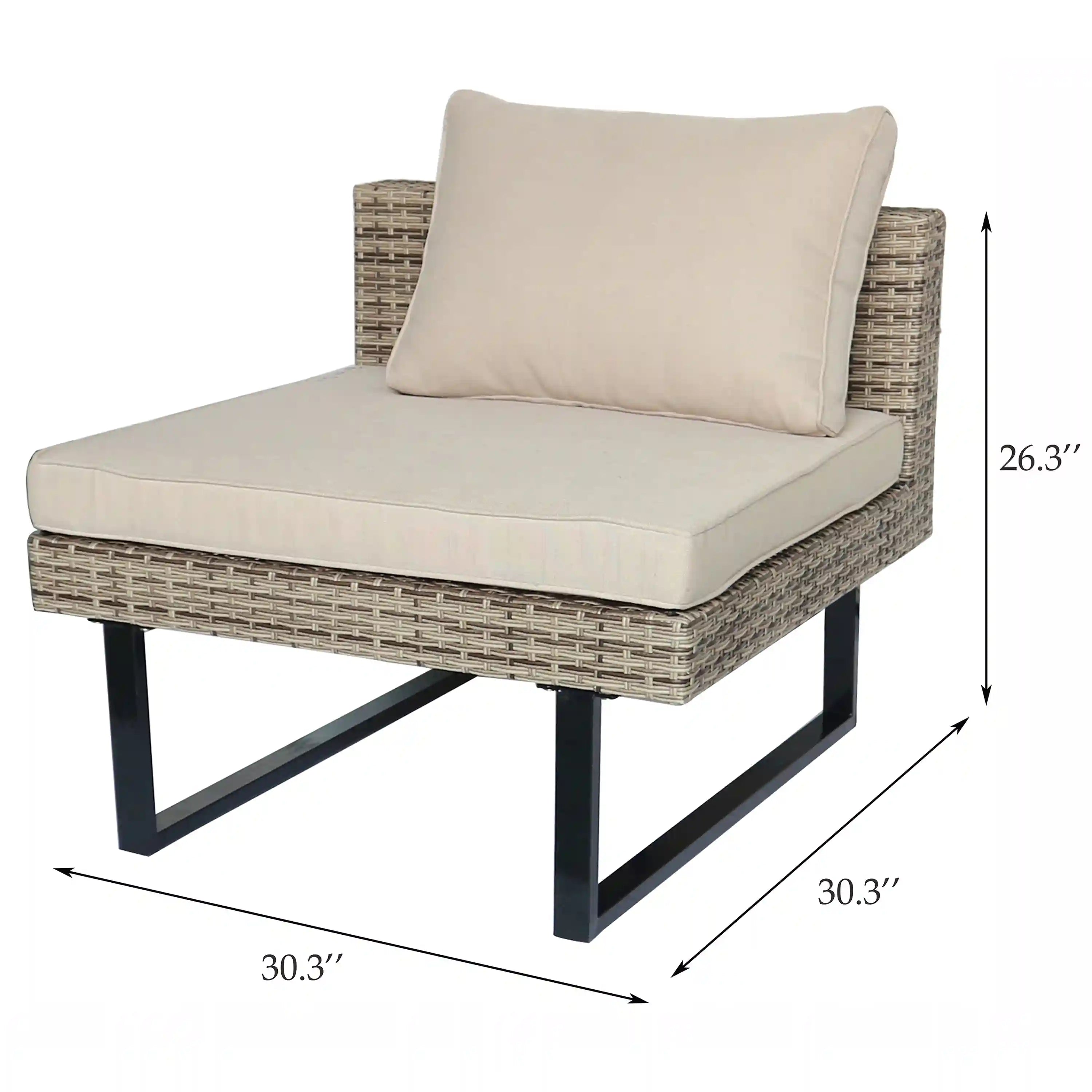 Outdoor patio corner sectional seat with off-white cushion and woven wicker base, black legs