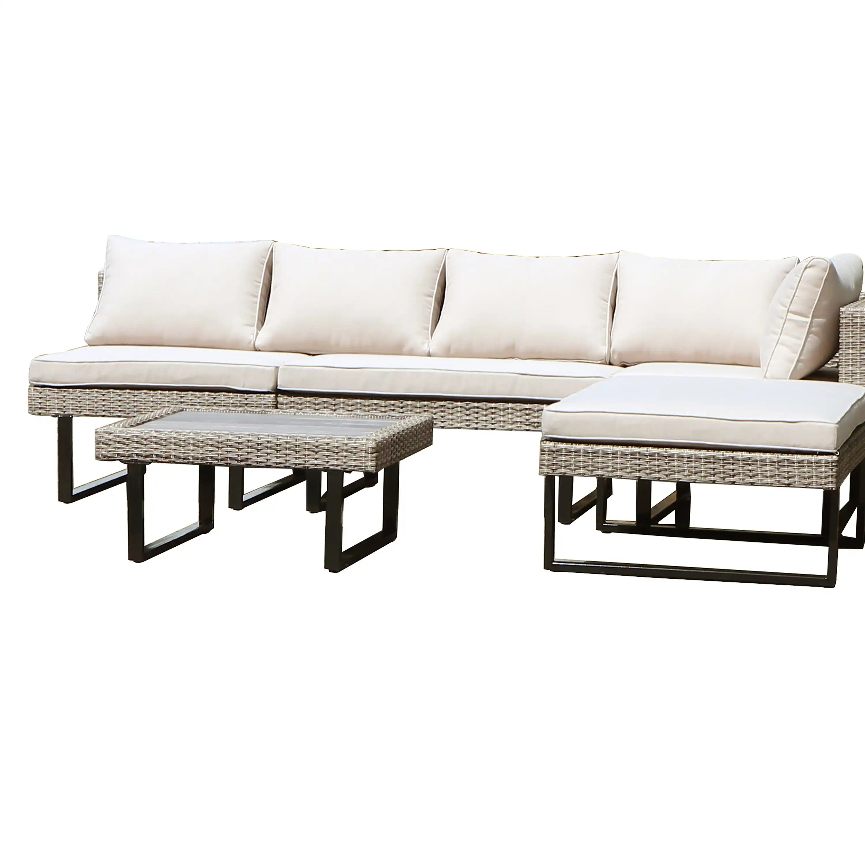 Outdoor patio sectional with off-white seat cushions and matching wicker ottoman