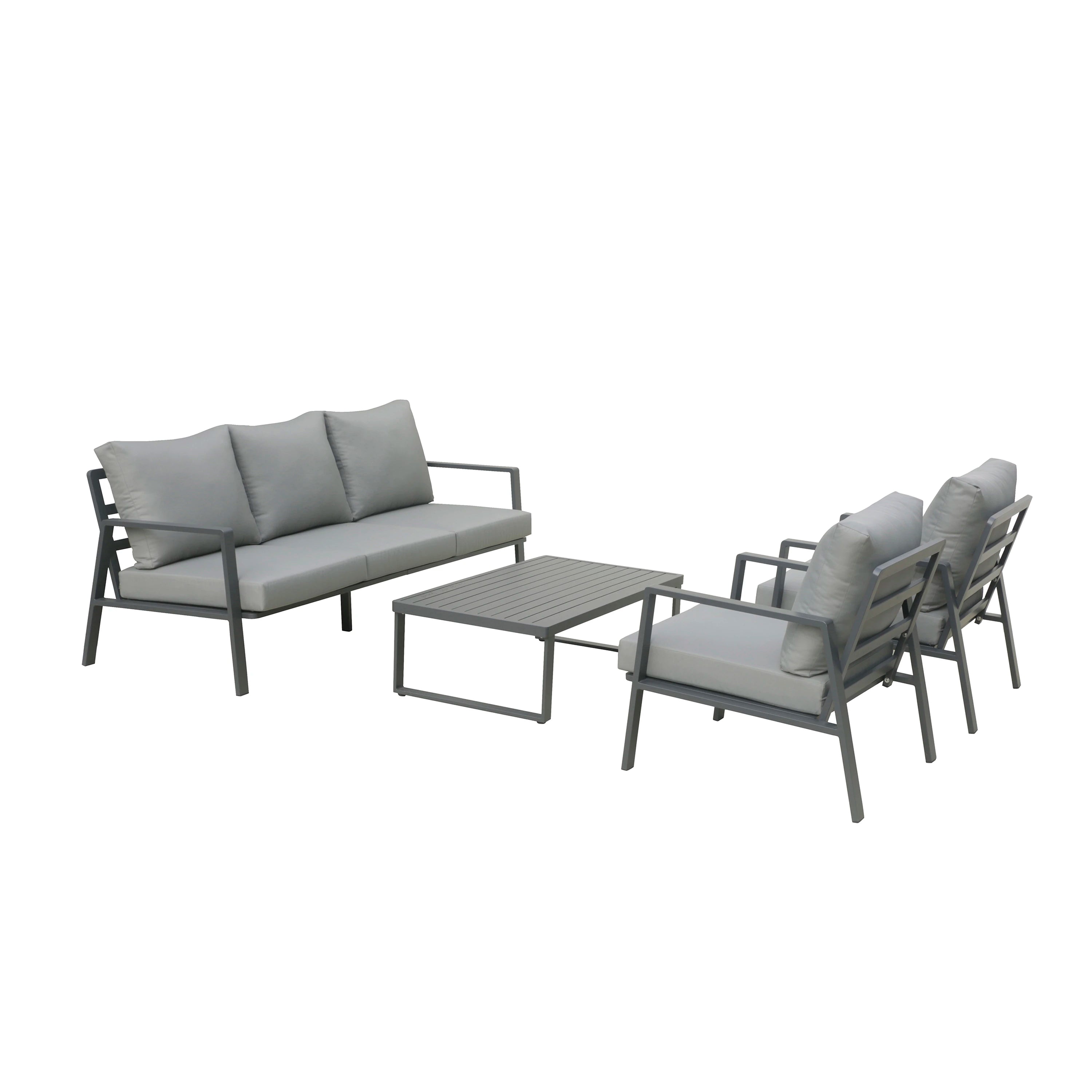 Outdoor patio set with dark gray chairs, light gray cushions, and a square coffee table.