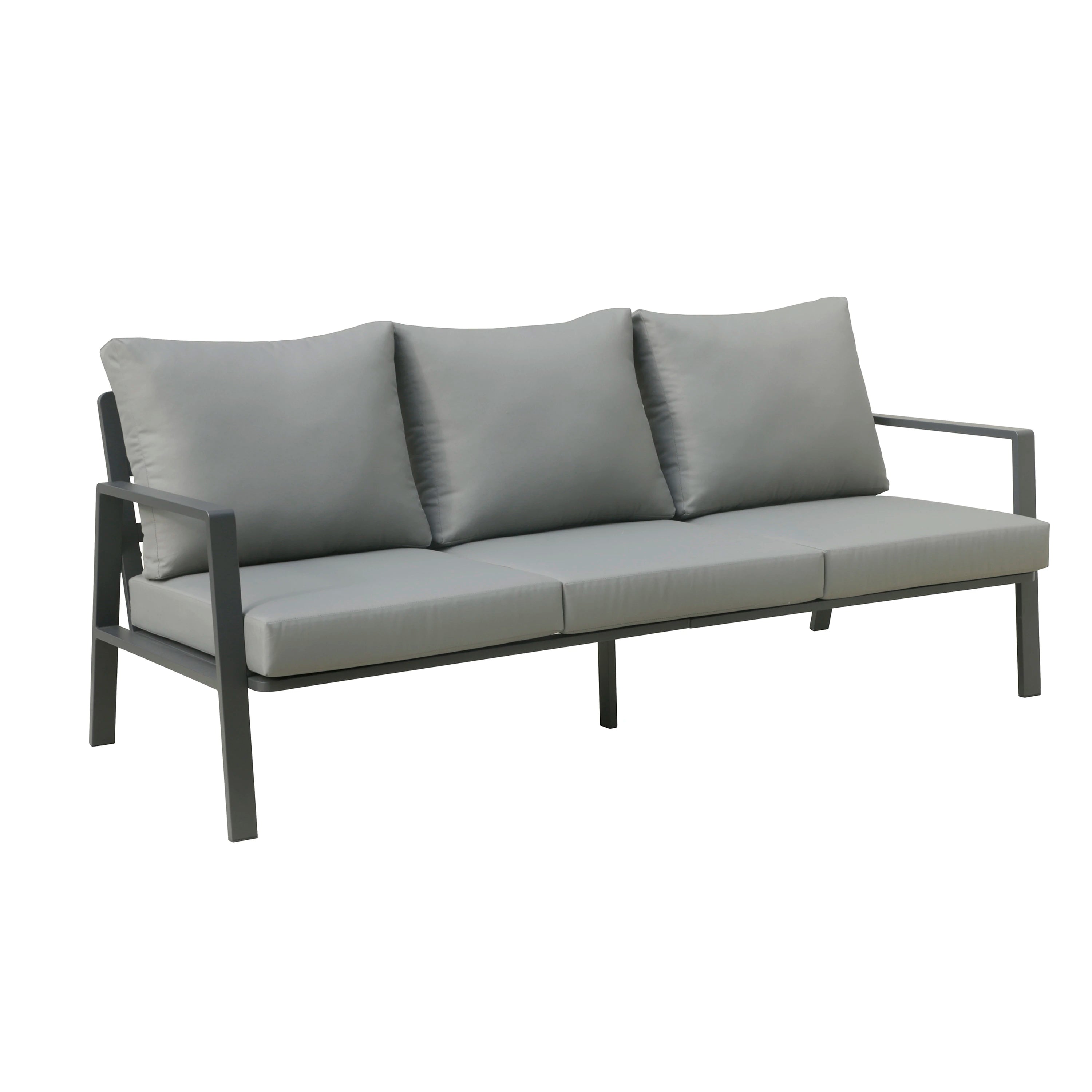 Outdoor bench loveseat with light gray cushions and dark gray frame, straight armrests.