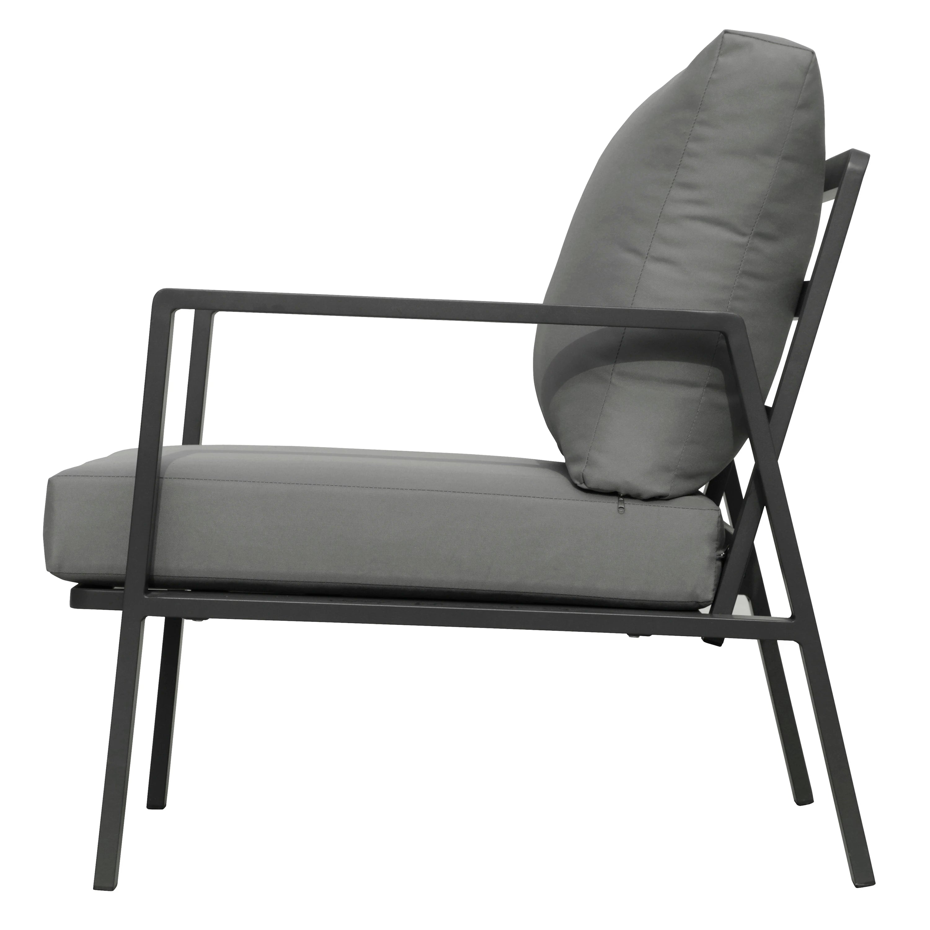 Outdoor patio chair with light gray seat cushion, curved back pillow, and dark gray frame.