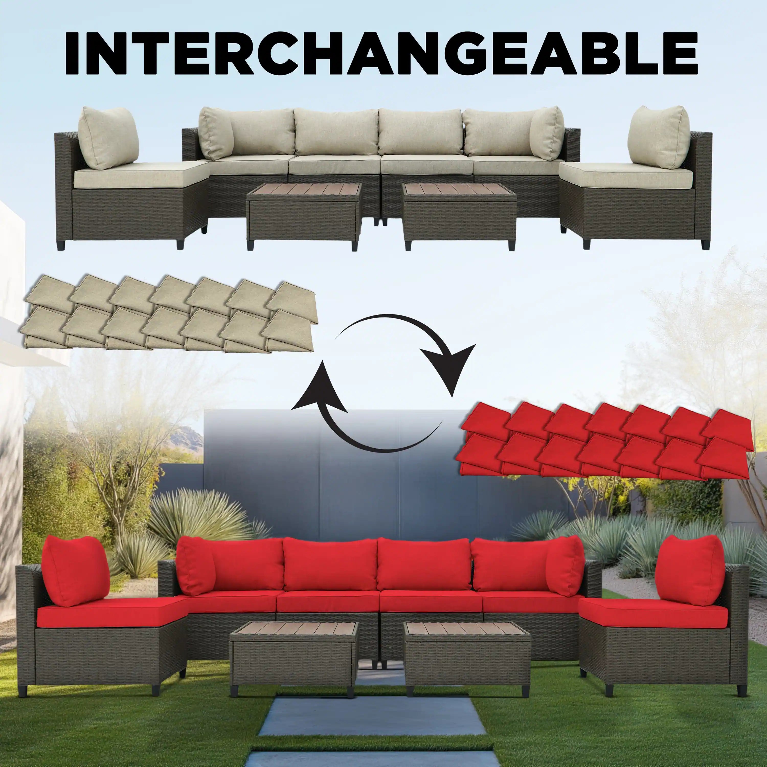 Outdoor sectional wicker sofa set with beige cushions, showing red cushion covers and tables