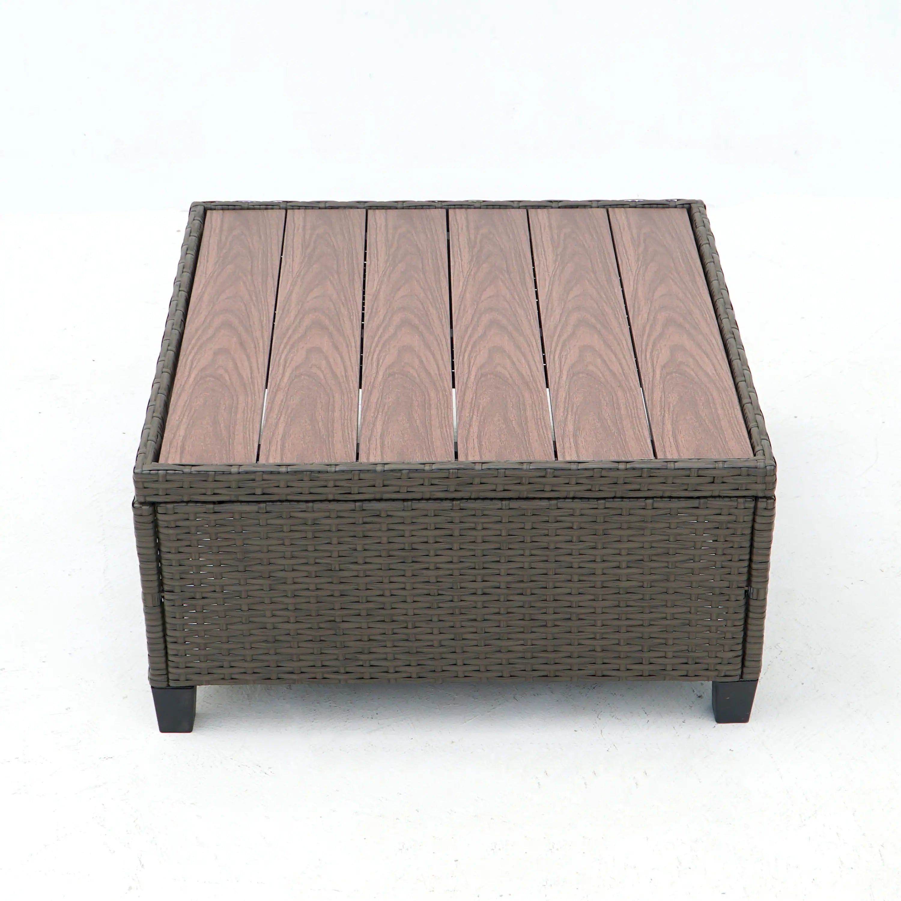Outdoor wicker coffee table with wood-look slatted tabletop