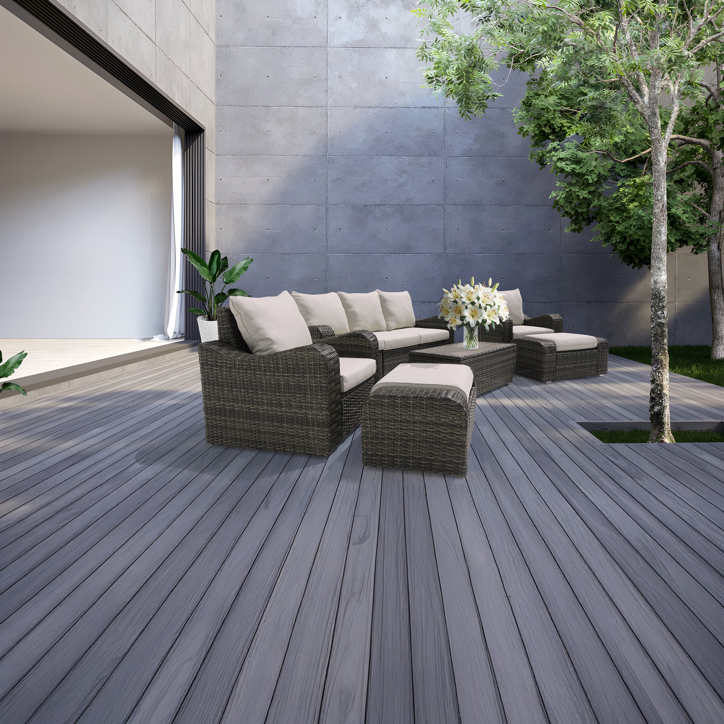 Brown outdoor wicker seating set with sofa, chairs, and matching table, beige cushions