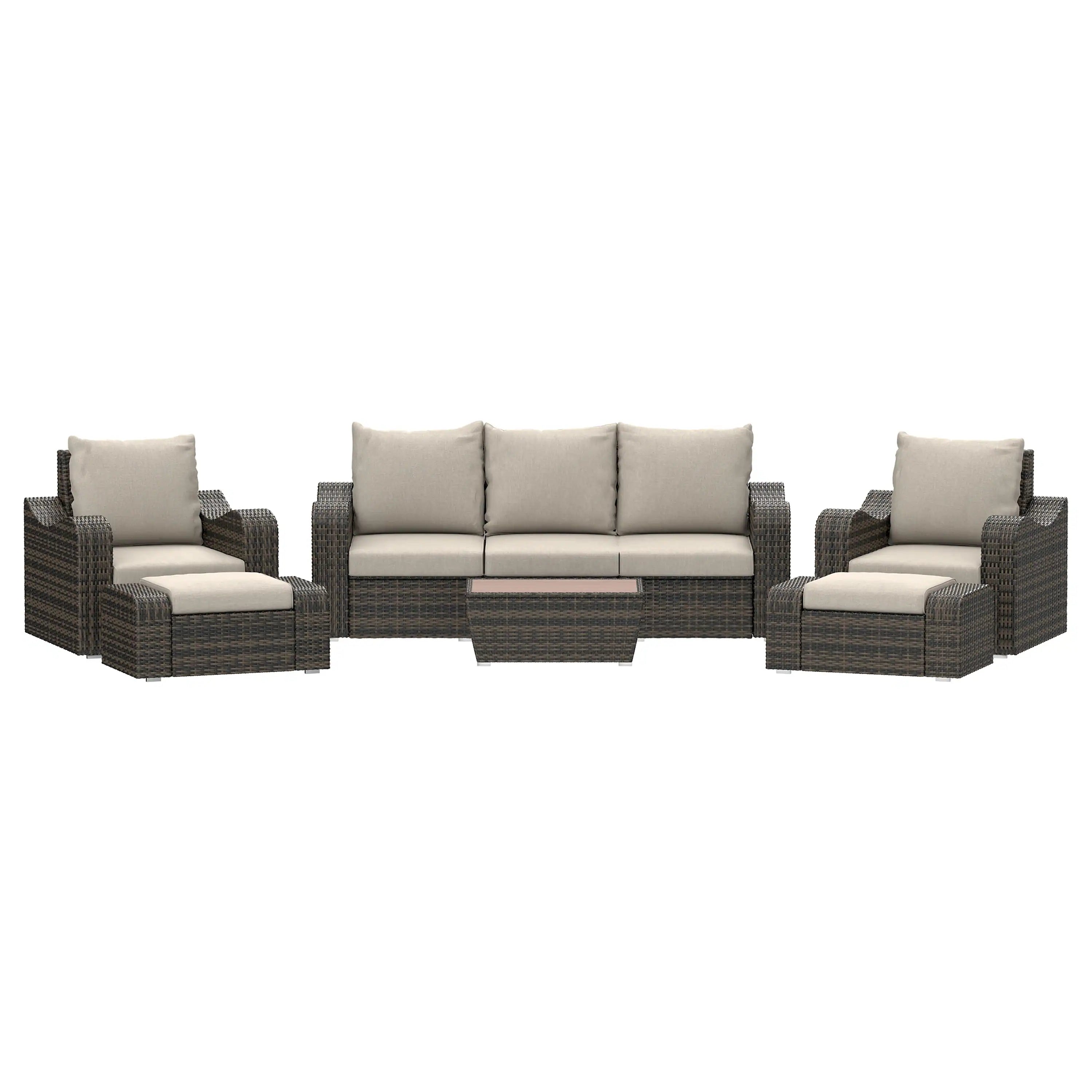 5-piece brown wicker outdoor seating set with beige cushions and ottoman-style seats