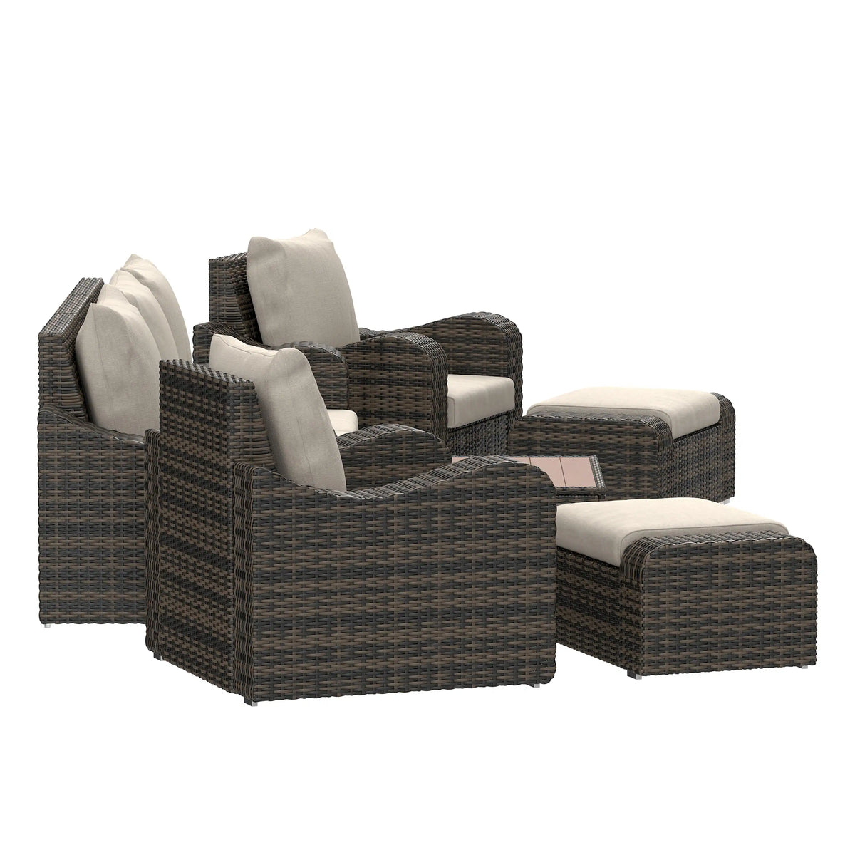 Angled brown wicker outdoor sofa set with beige seat cushions and back pillows