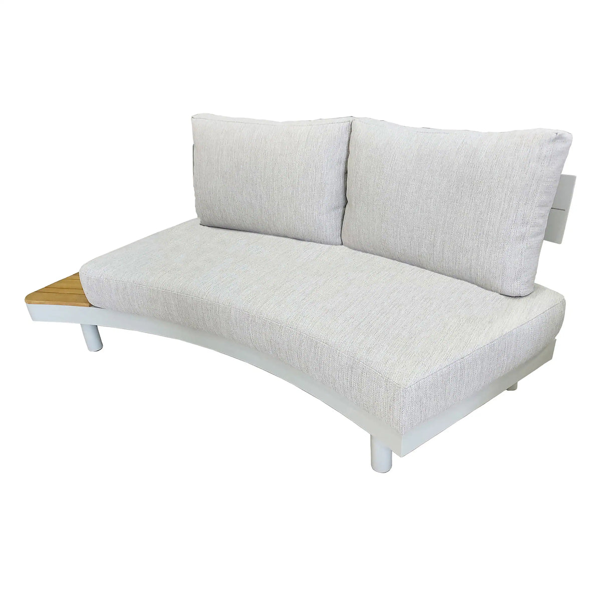Outdoor loveseat sofa with cream cushions and teak slat tray-style side accents.