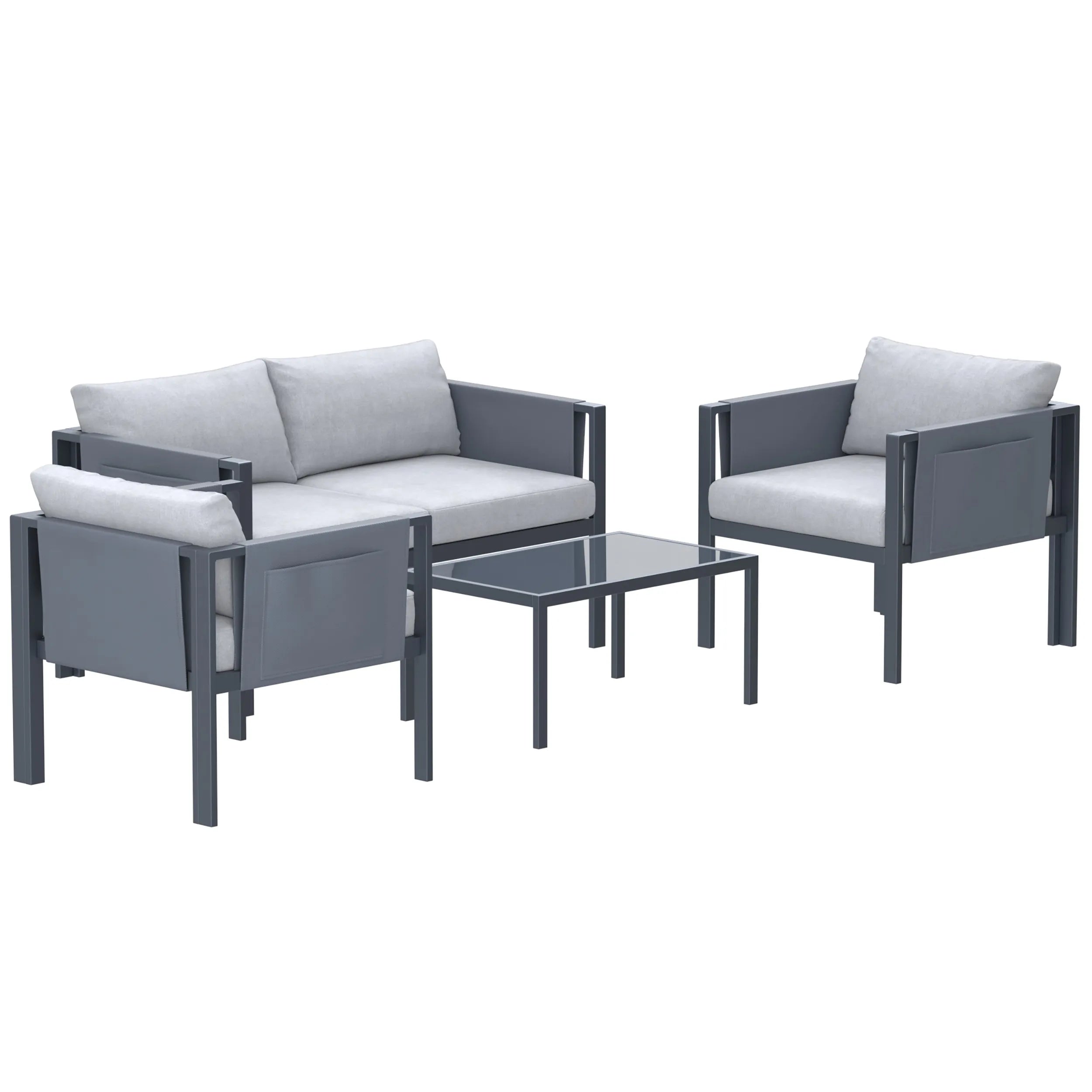 Outdoor gray loveseat and matching armchairs with light gray cushions, studio view