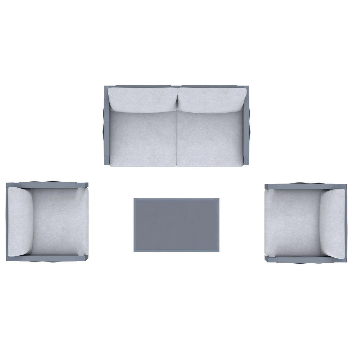 Outdoor seating set: loveseat, two armchairs, and square gray table cushion layout