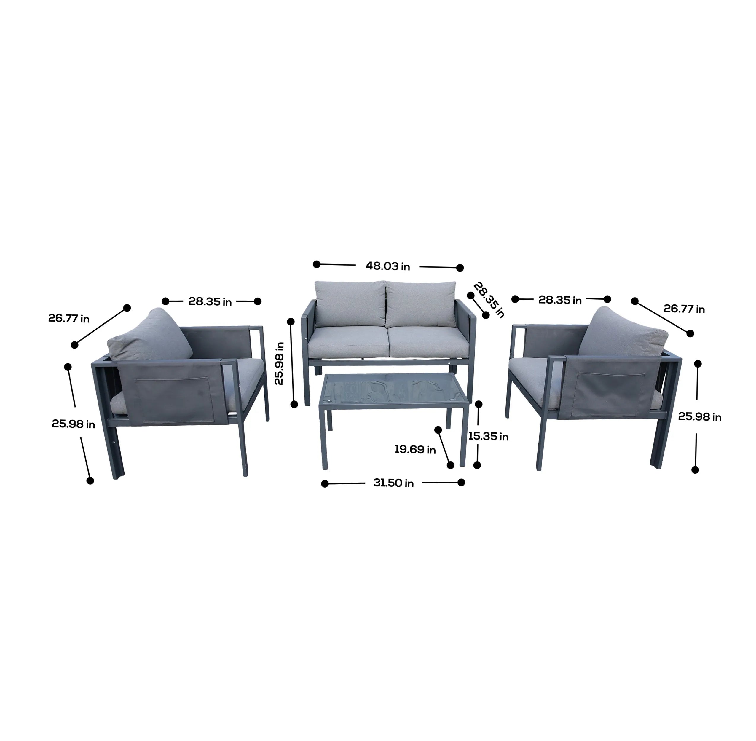 Outdoor sofa and armchairs set with dimensions diagram and light gray seat cushions