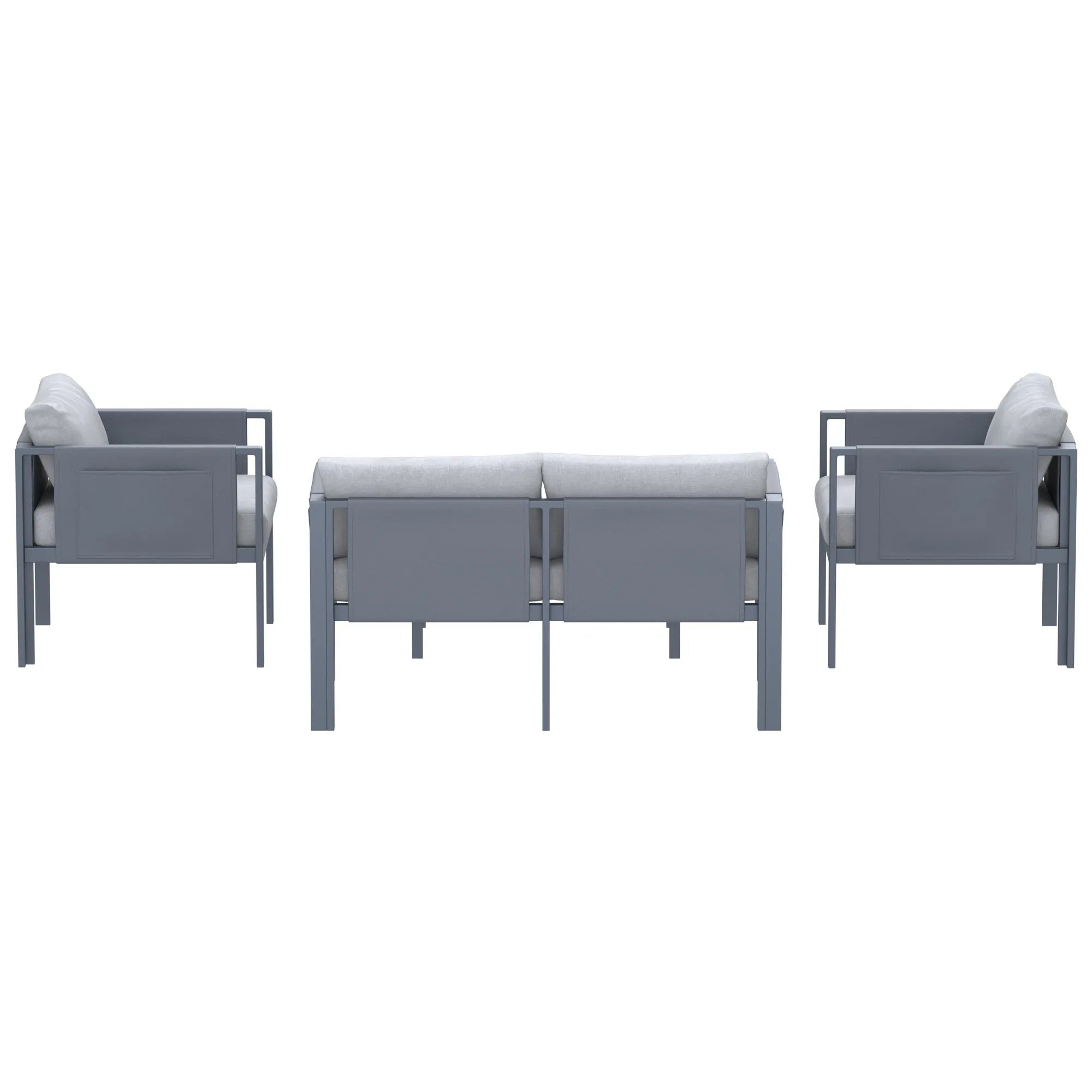 Outdoor sofa and armchair set with gray frames and light gray cushions, side view