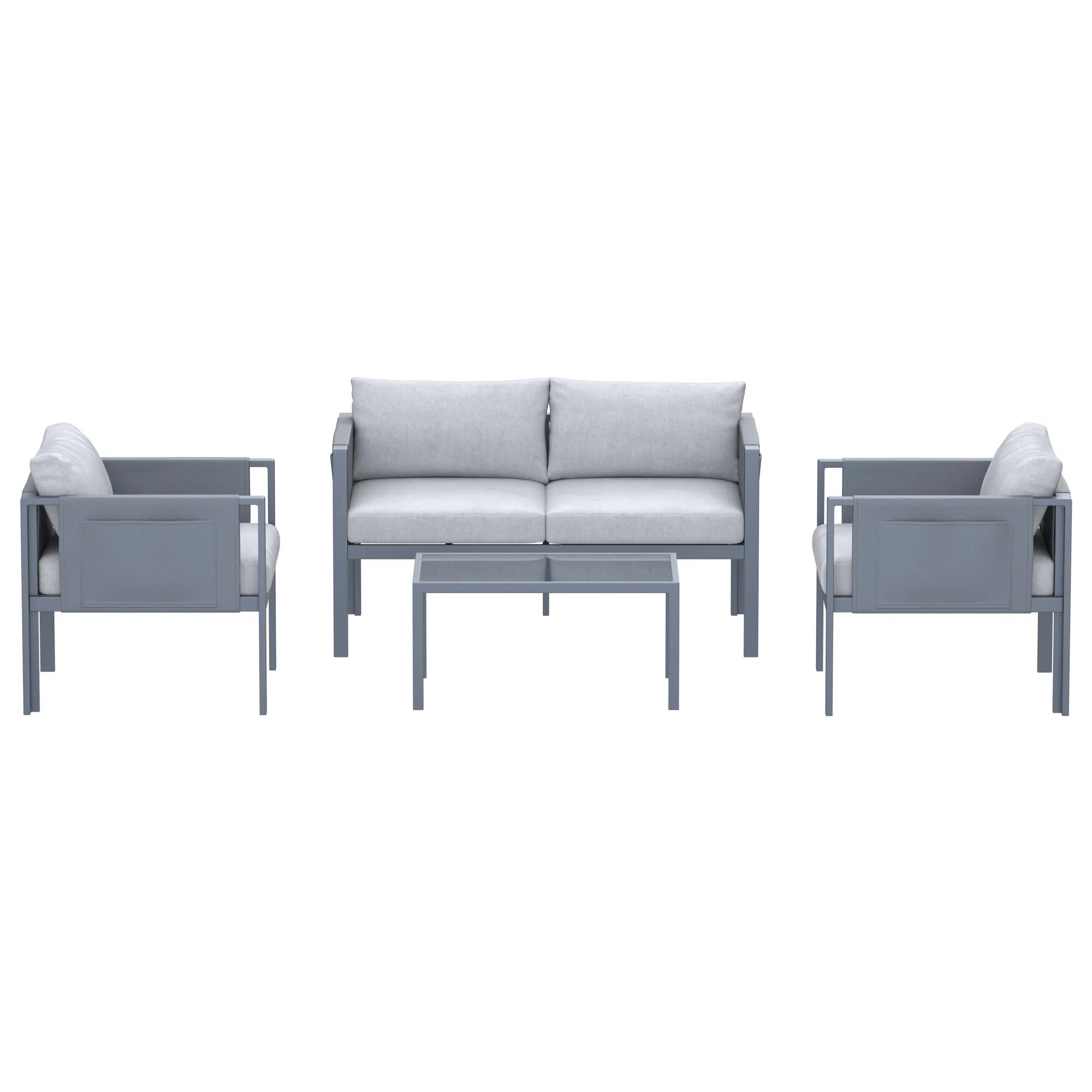 Outdoor seating set front view: gray loveseat and two armchairs with light gray cushions