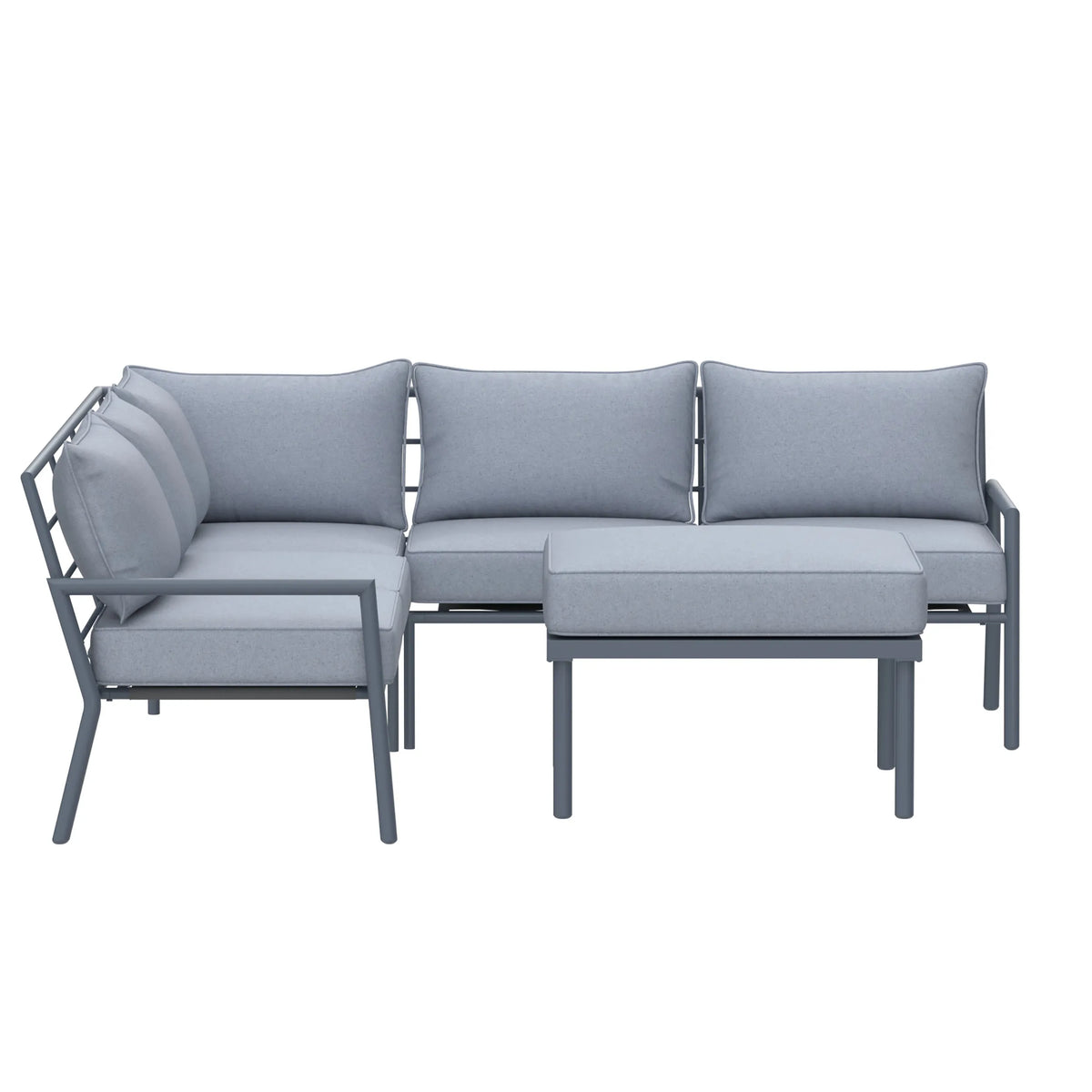 Gray outdoor sectional sofa set with ottoman and boxed cushions, angled arm panels