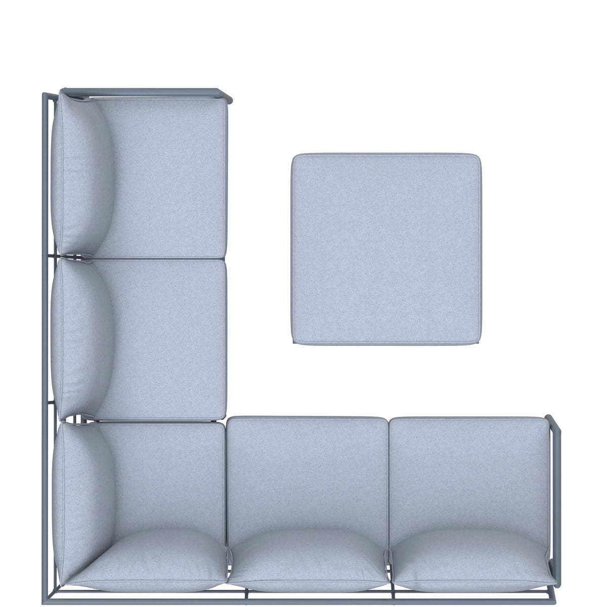 Gray outdoor sectional sofa set, modular corner and ottoman cushions, metal frame