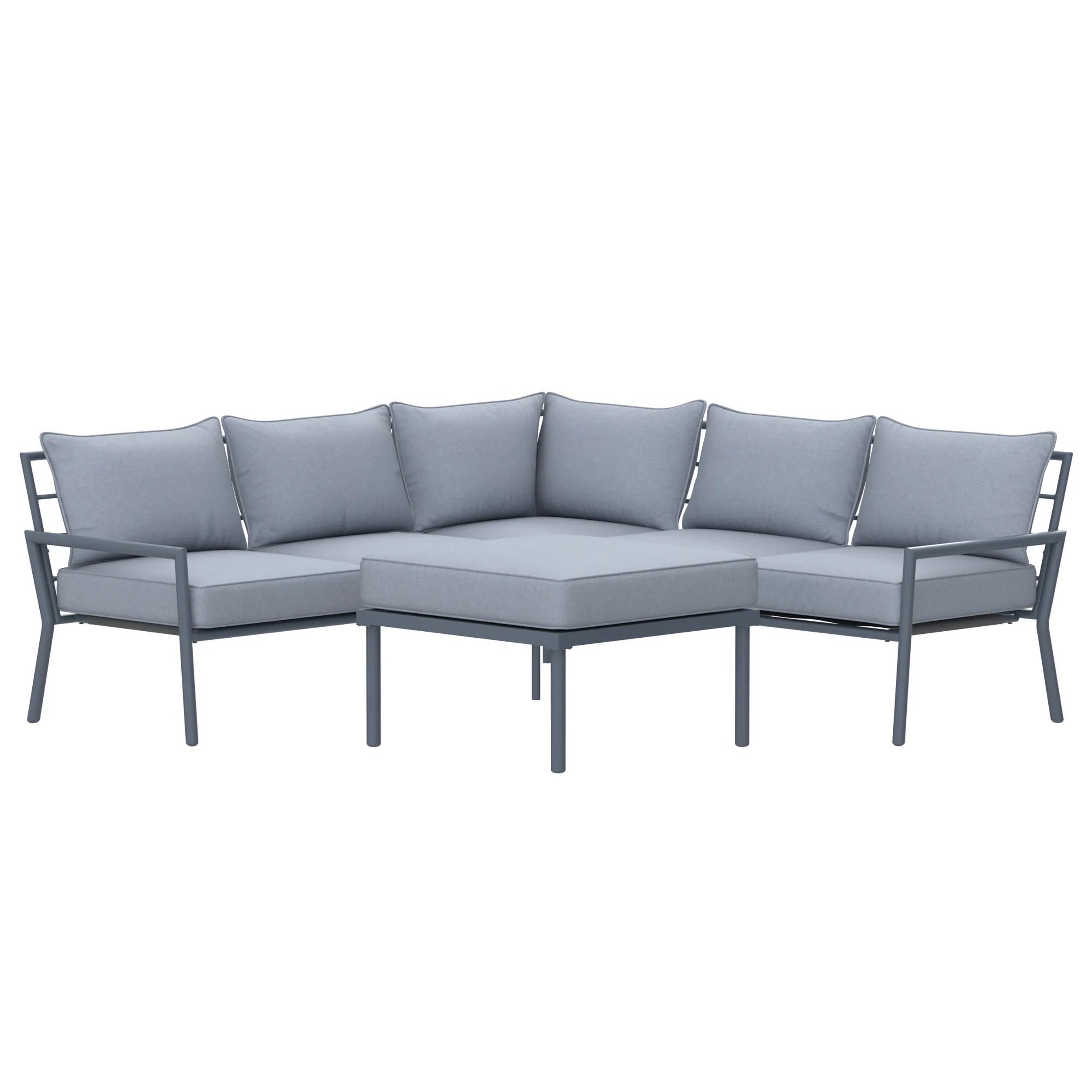 Gray outdoor sectional sofa with ottoman, clean-lined cushions and metal legs