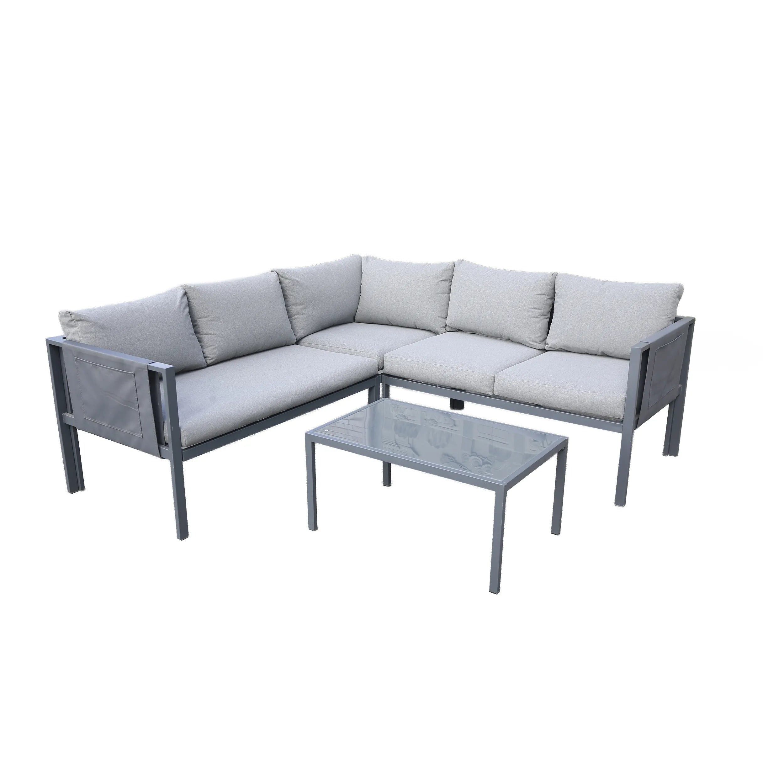Gray outdoor patio sectional sofa set with glass-top coffee table and wide armrests