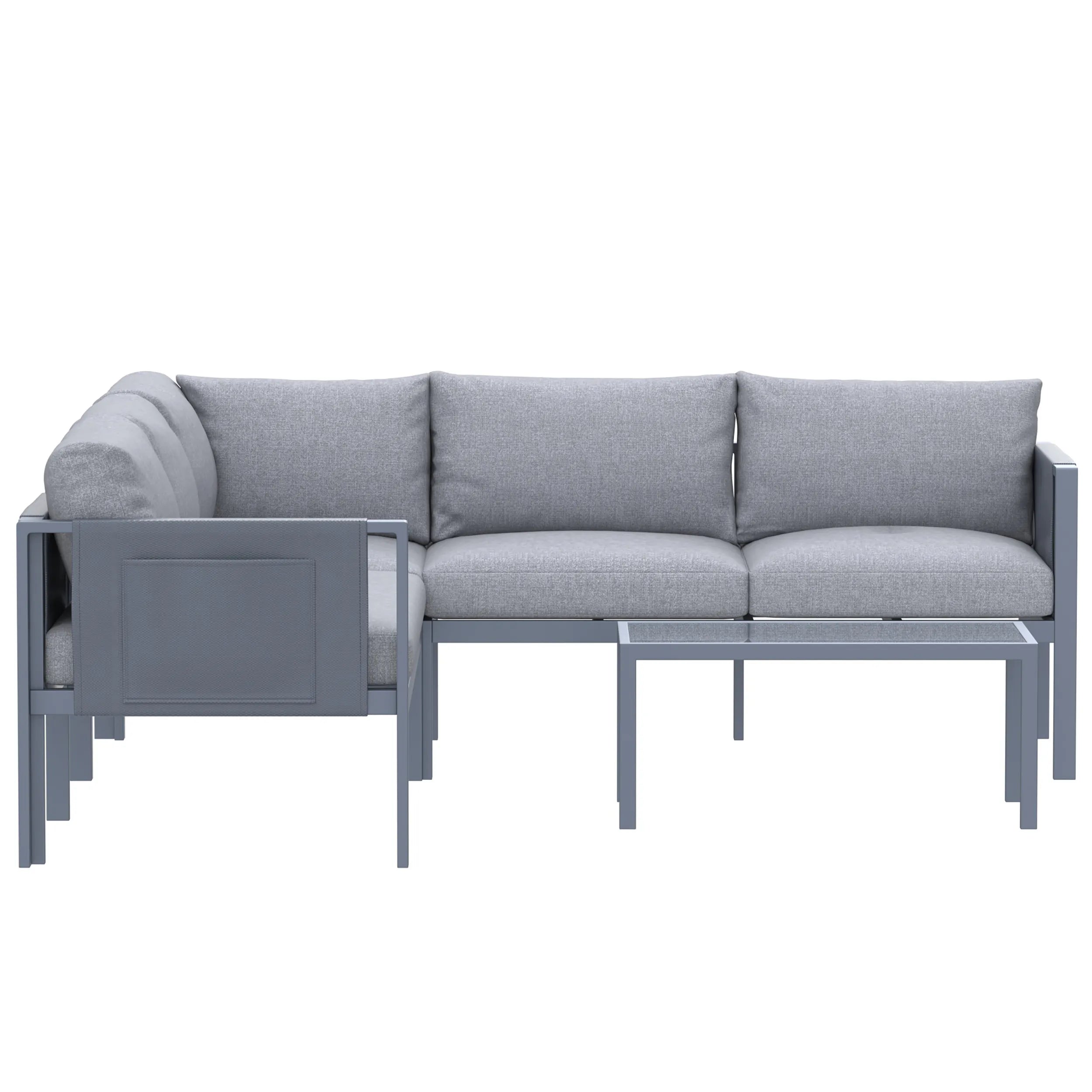 Gray outdoor sectional sofa set with glass-top table and wide end armrest