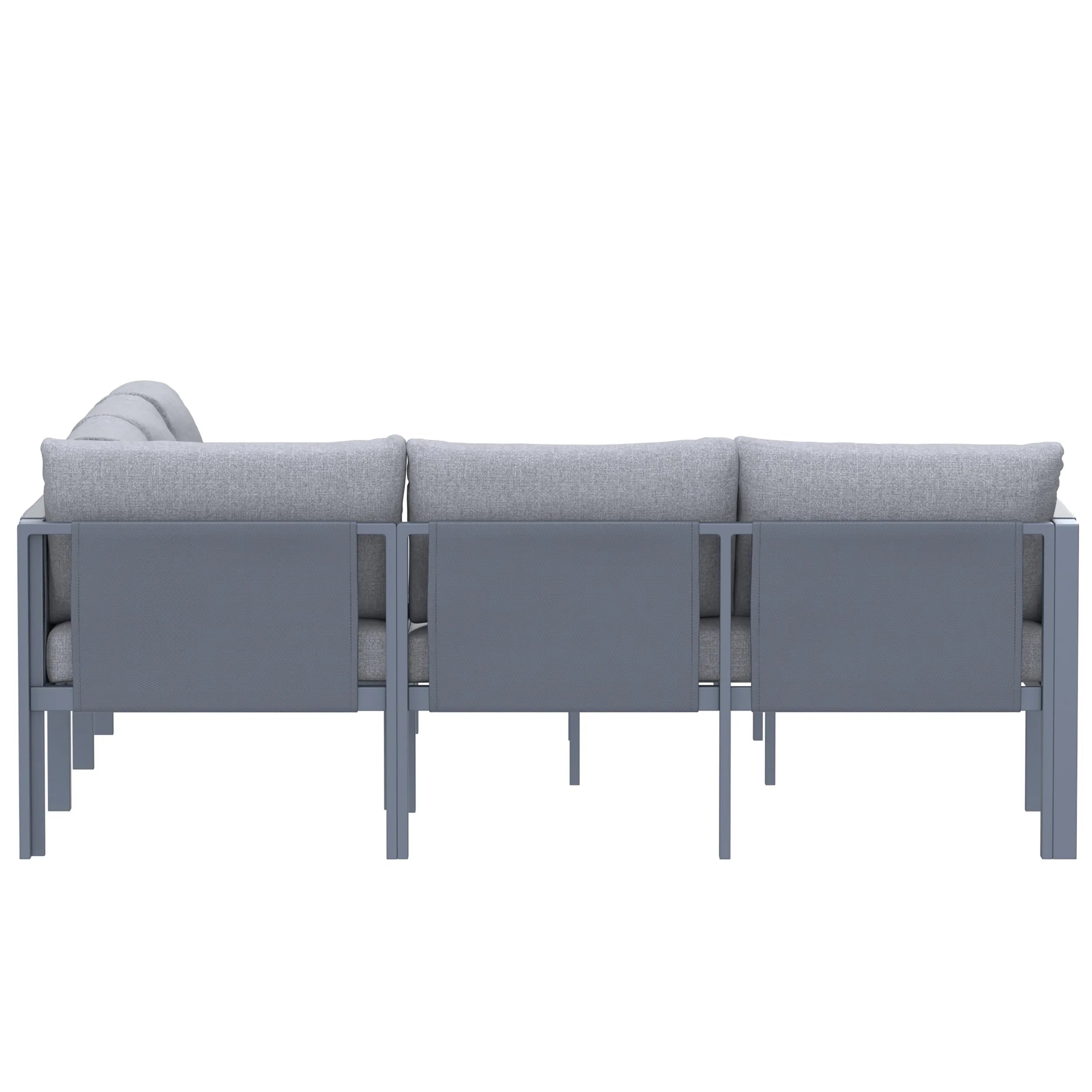 Gray outdoor sectional sofa set with three backrest panels and end armrests