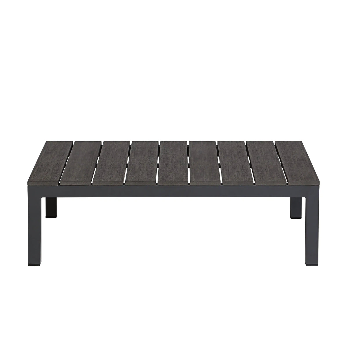 Gray outdoor ottoman coffee table with black frame and striped slat top