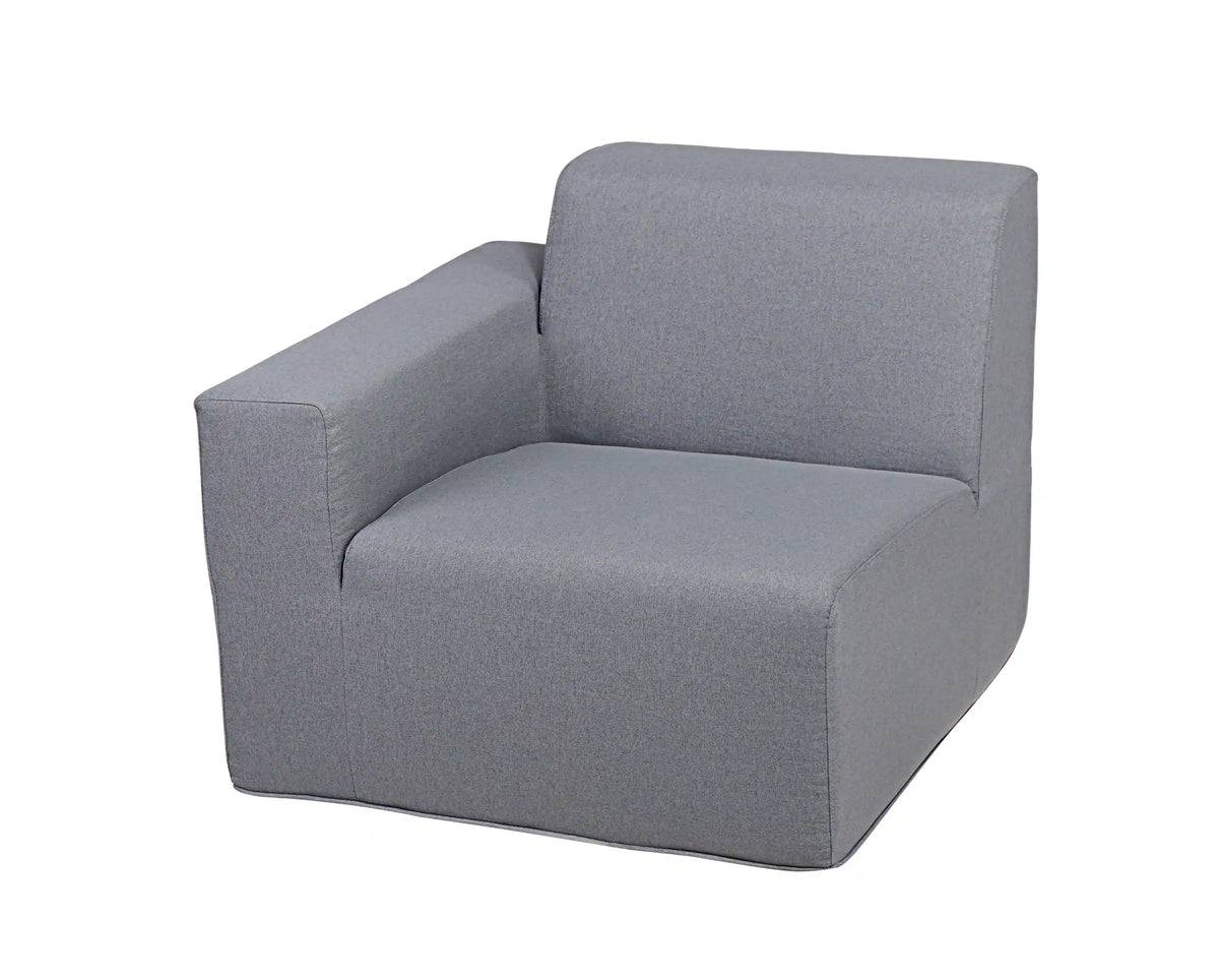 Gray outdoor corner chair with armless design, padded seat, and tall back cushion