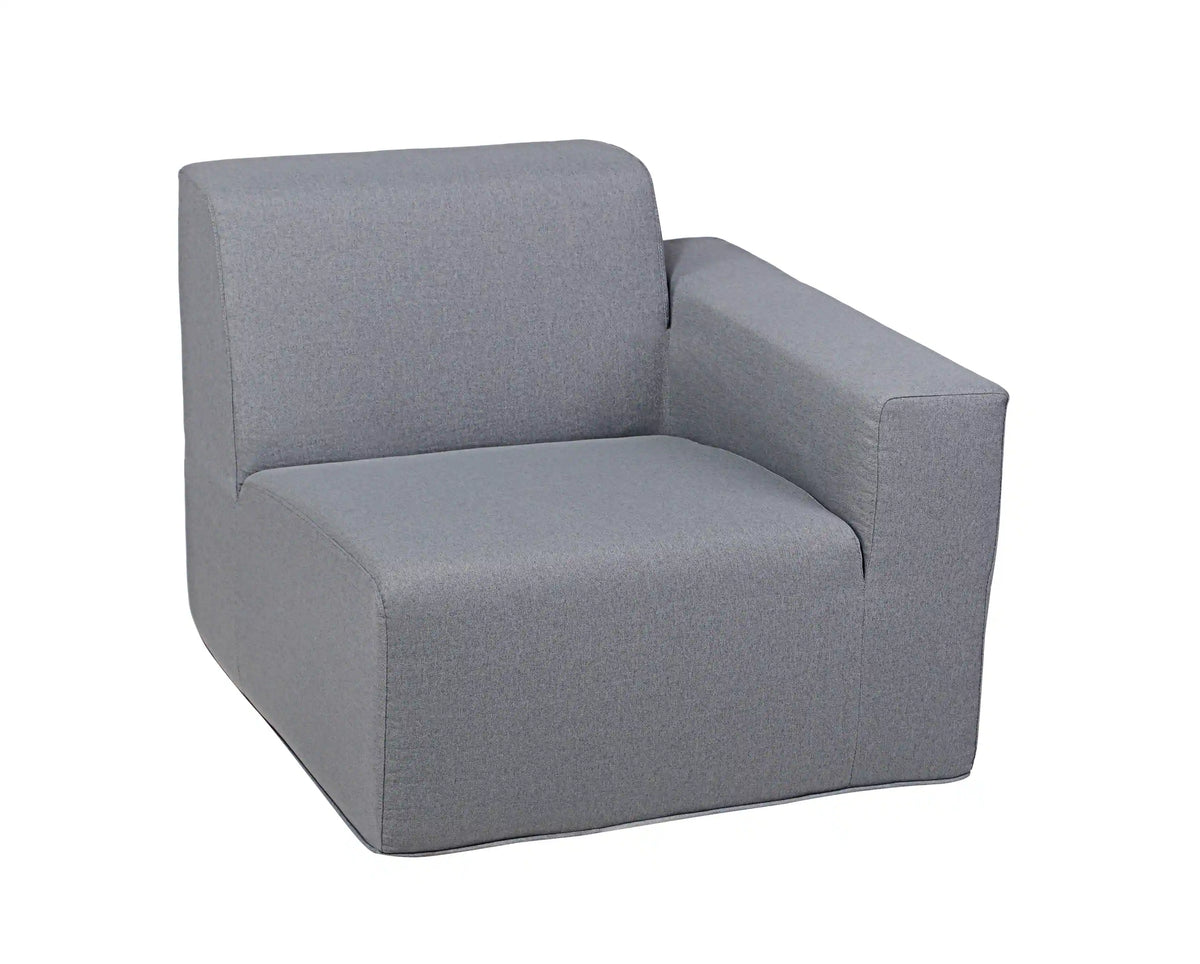 Gray outdoor corner chair with supportive armrest, padded seat, and squared back