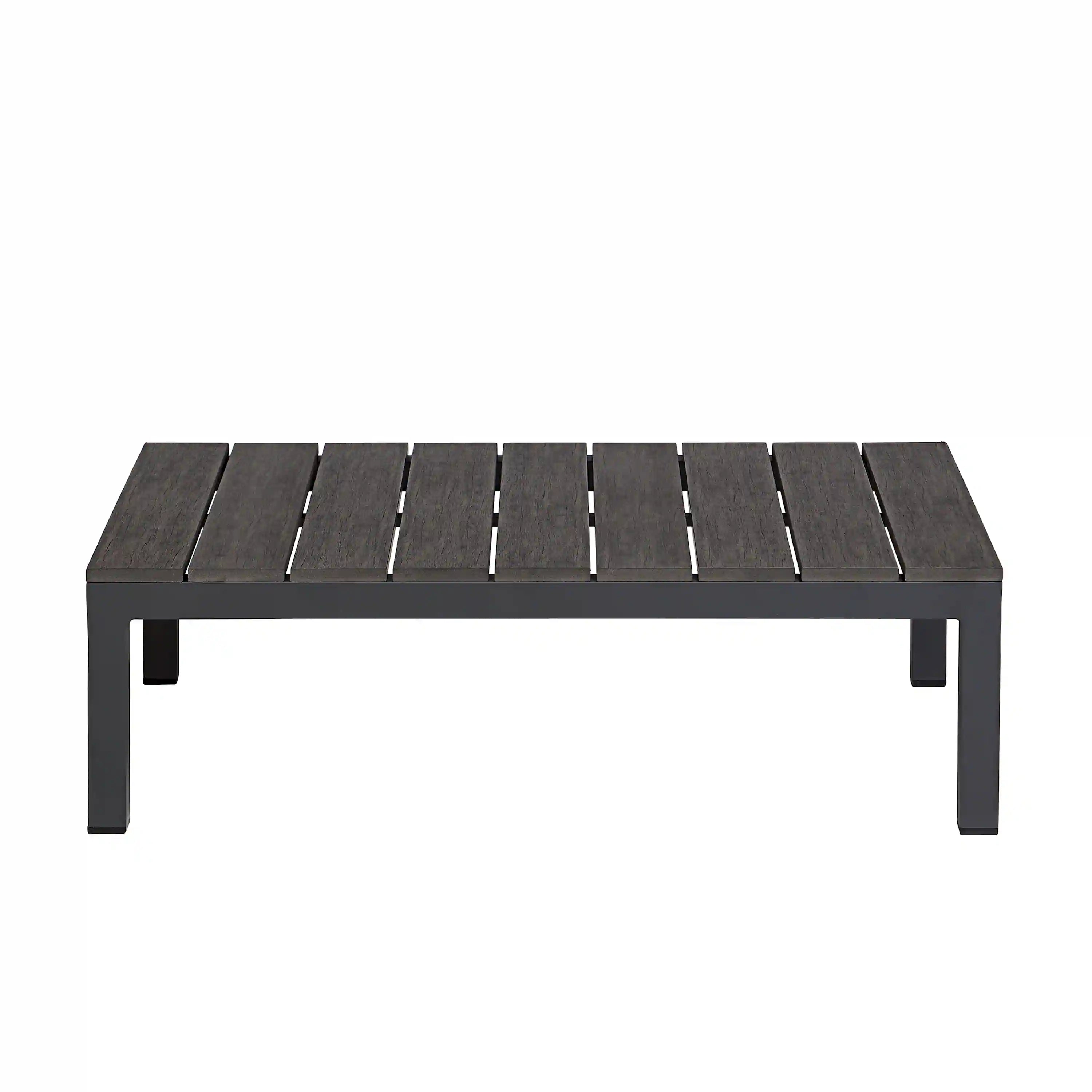 Gray slatted outdoor ottoman table top with black frame and legs