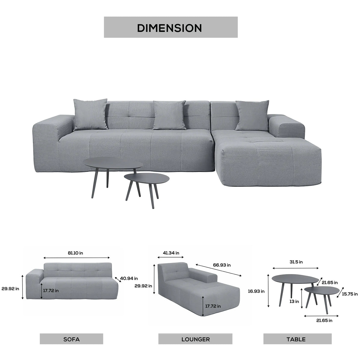 Gray outdoor sectional sofa set with lounger modules and round side table