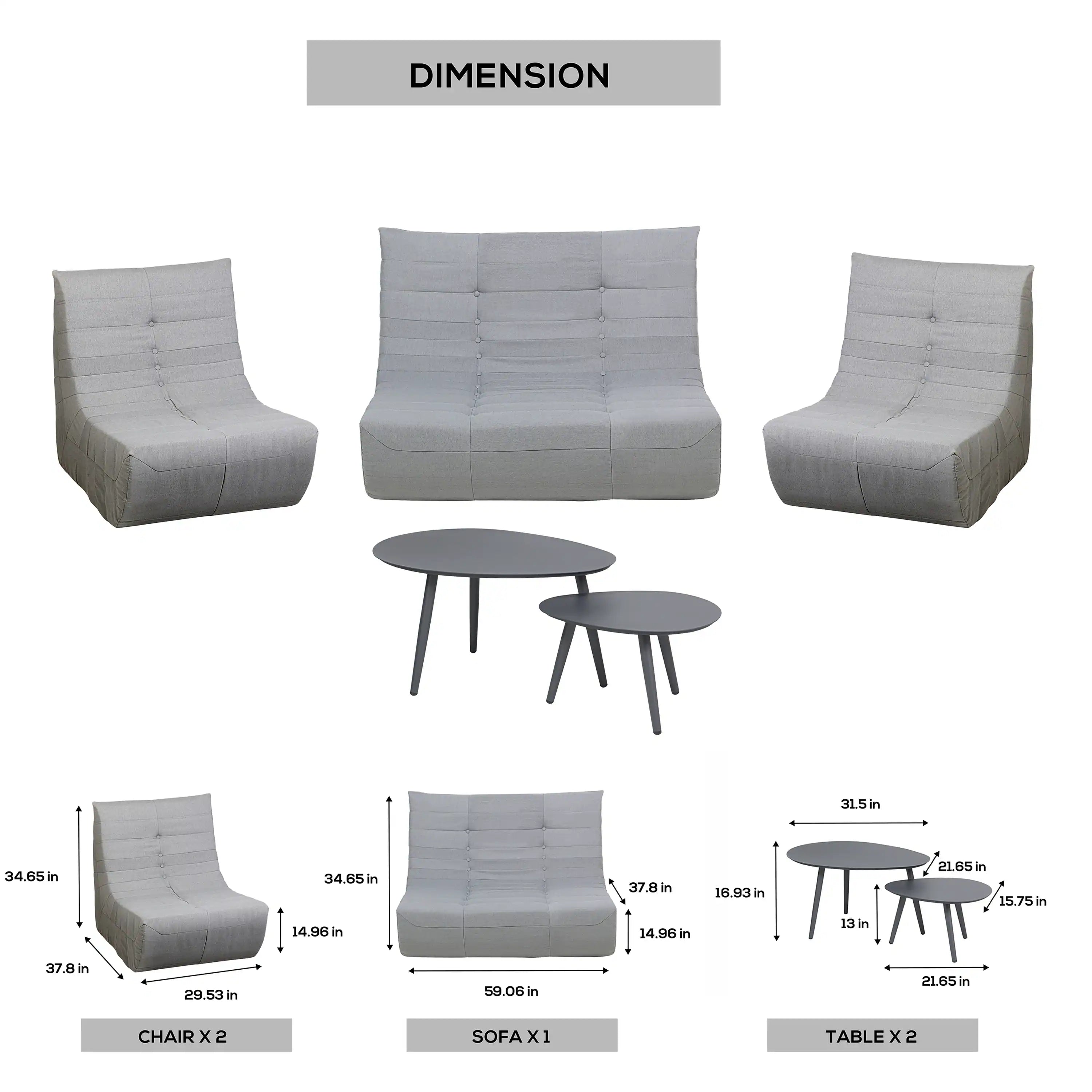 Gray outdoor compressed foam seating set with two chairs, loveseat, and round table (with dimensions)