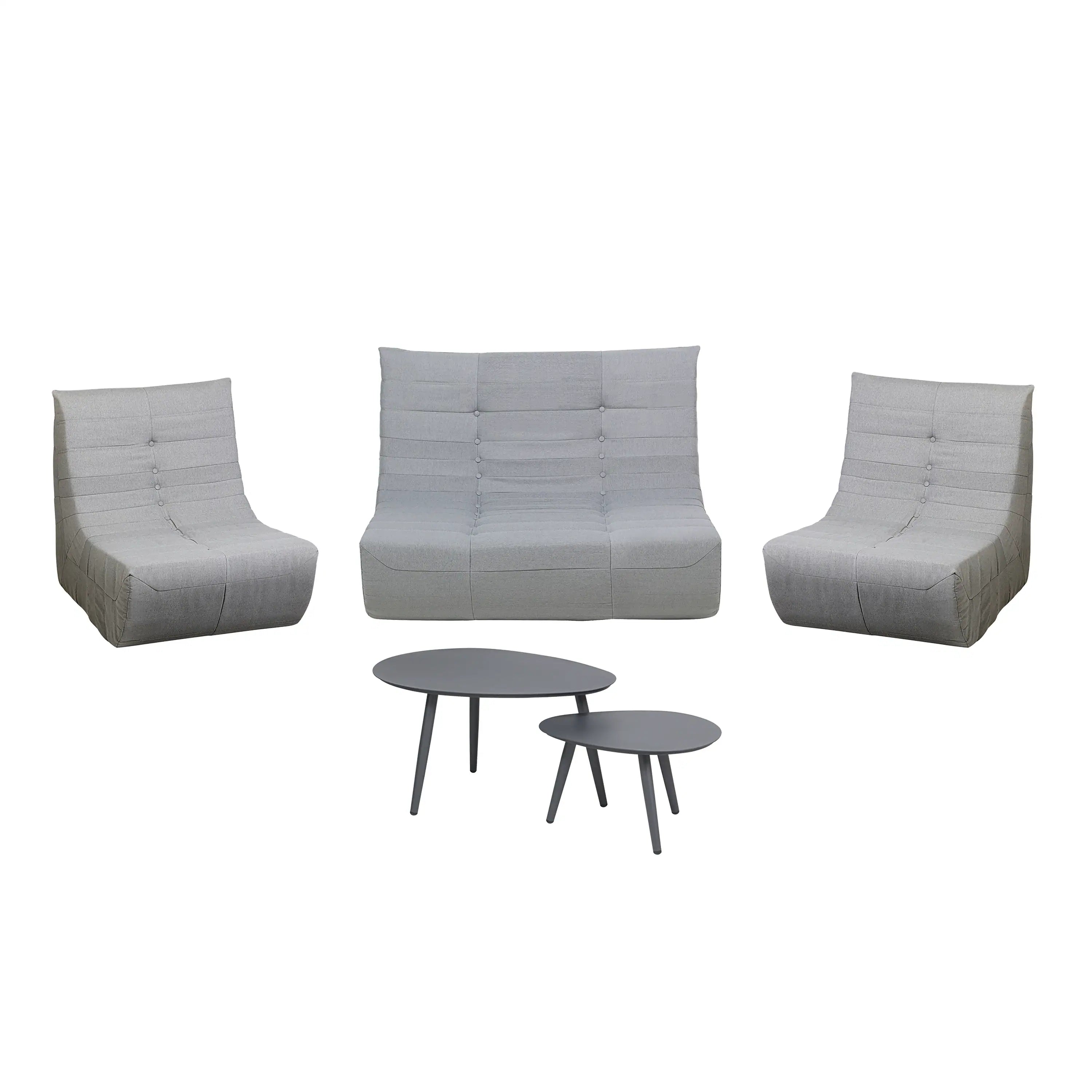Gray outdoor loveseat and two chairs set with round gray table