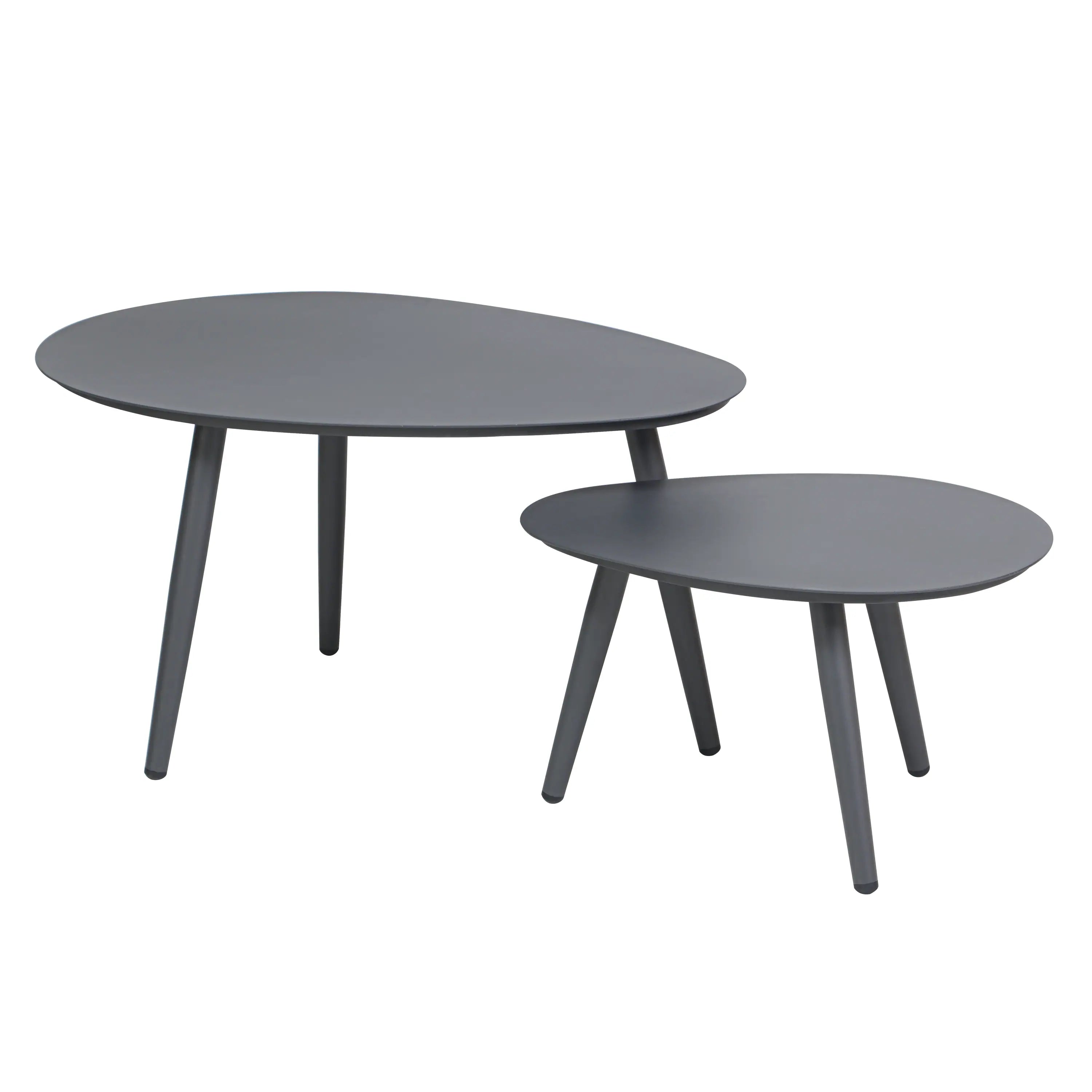 Gray outdoor oval coffee table set, 2 nesting tables with tapered legs