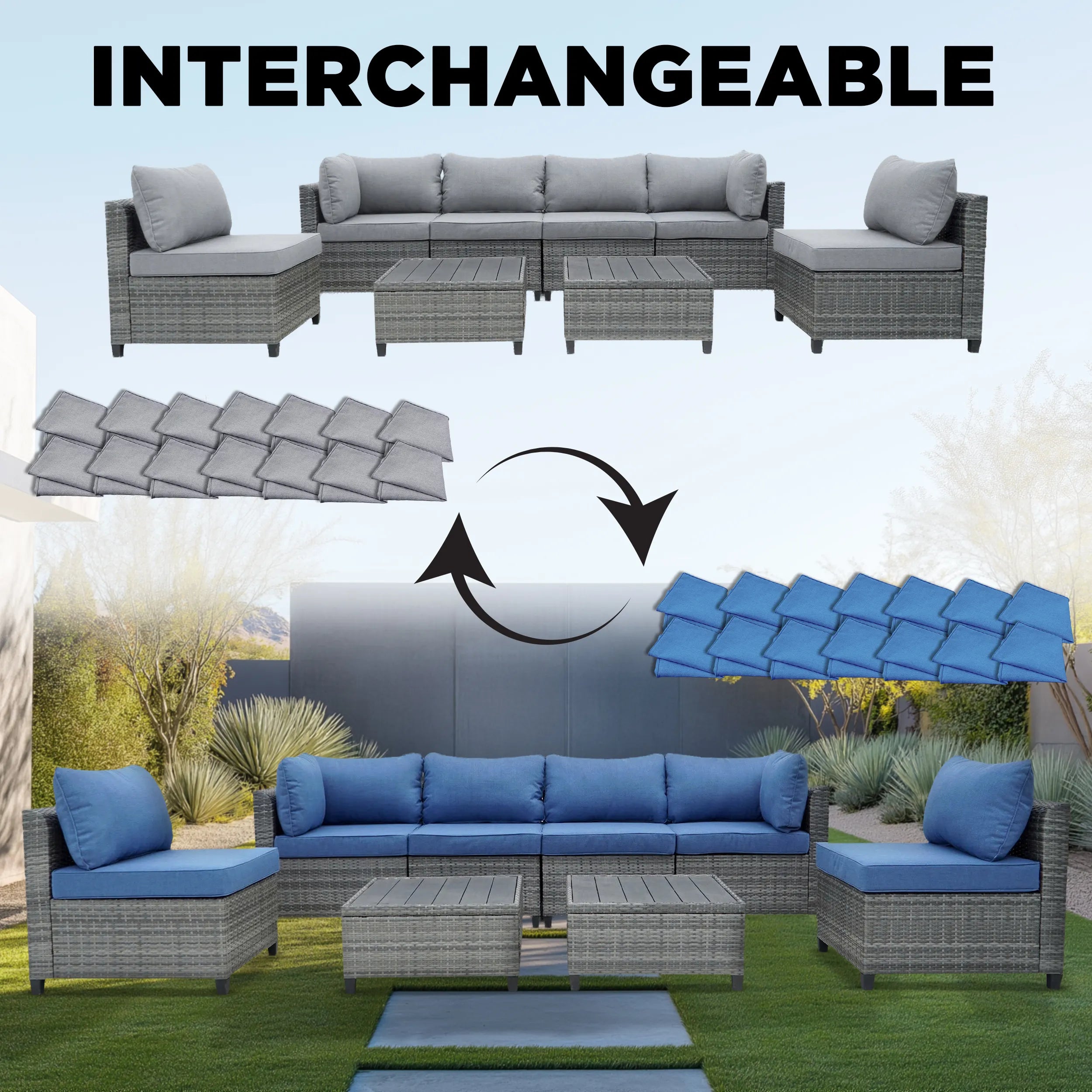 Outdoor sectional sofa with gray and blue interchangeable cushion covers