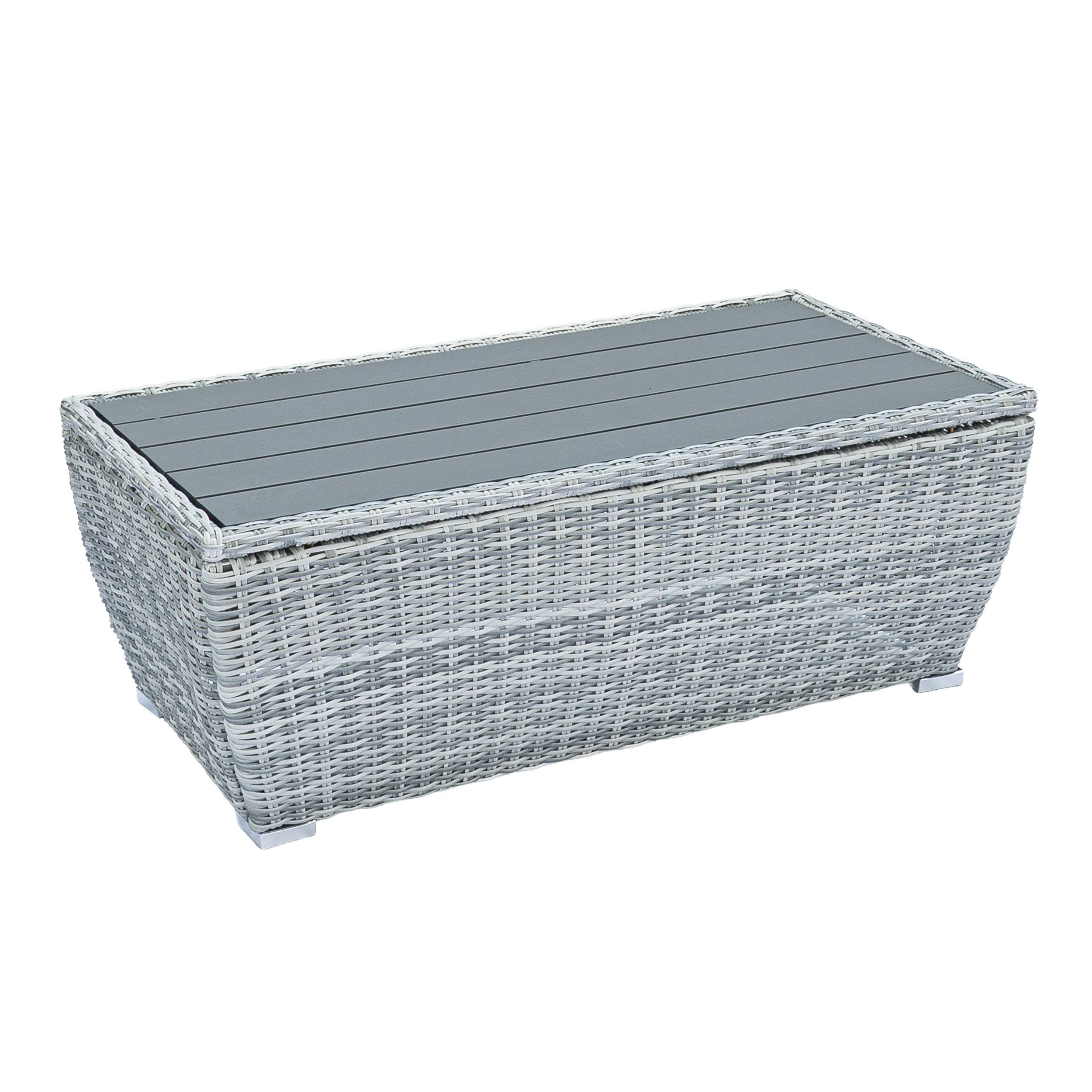 Outdoor gray wicker coffee table with glass top and white woven frame